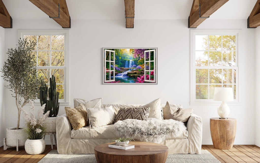 Vibrant Garden And Waterfall Fake Window Wall Art