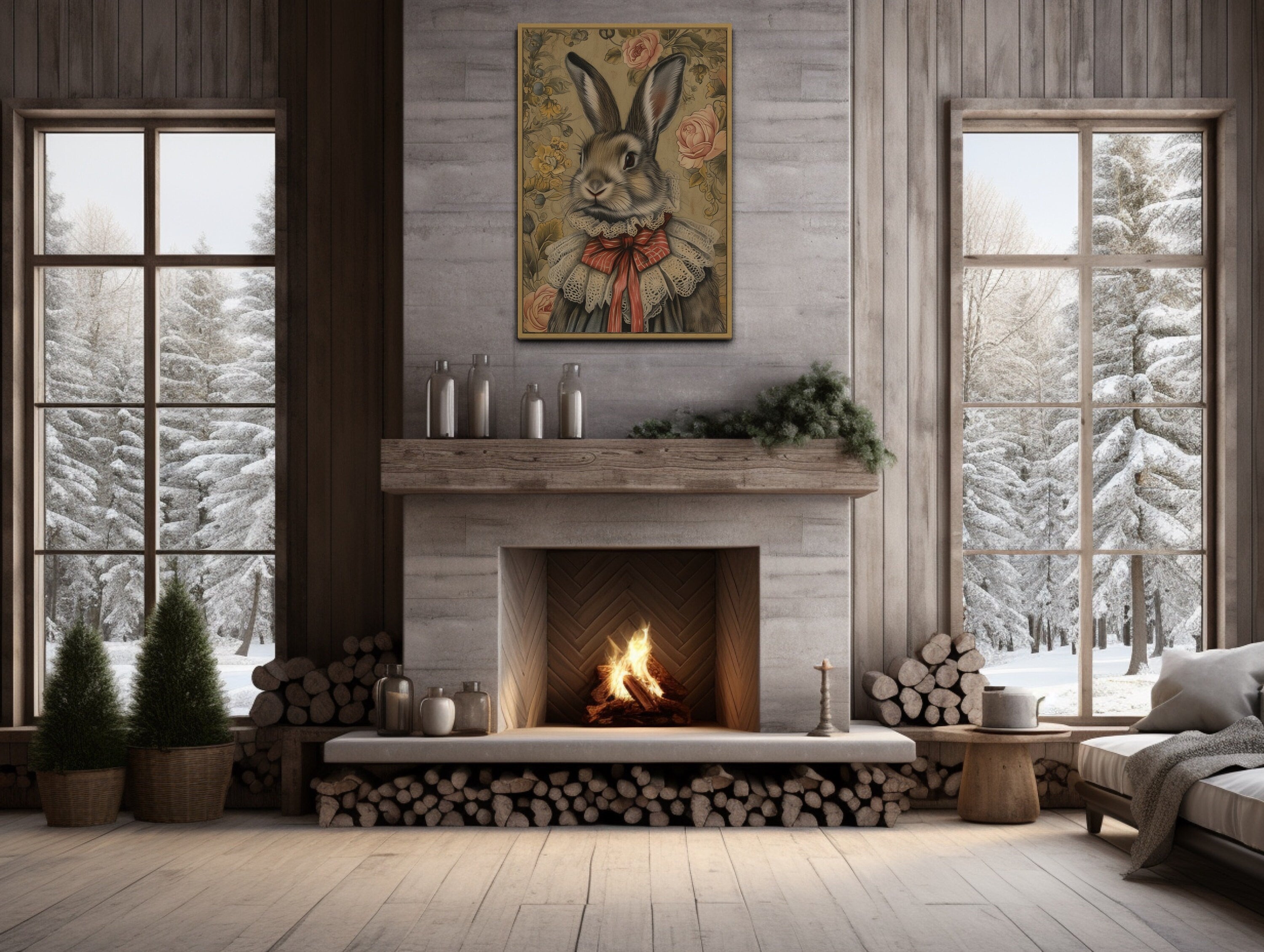Victorian Bunny Portrait Framed Canvas Wall Art