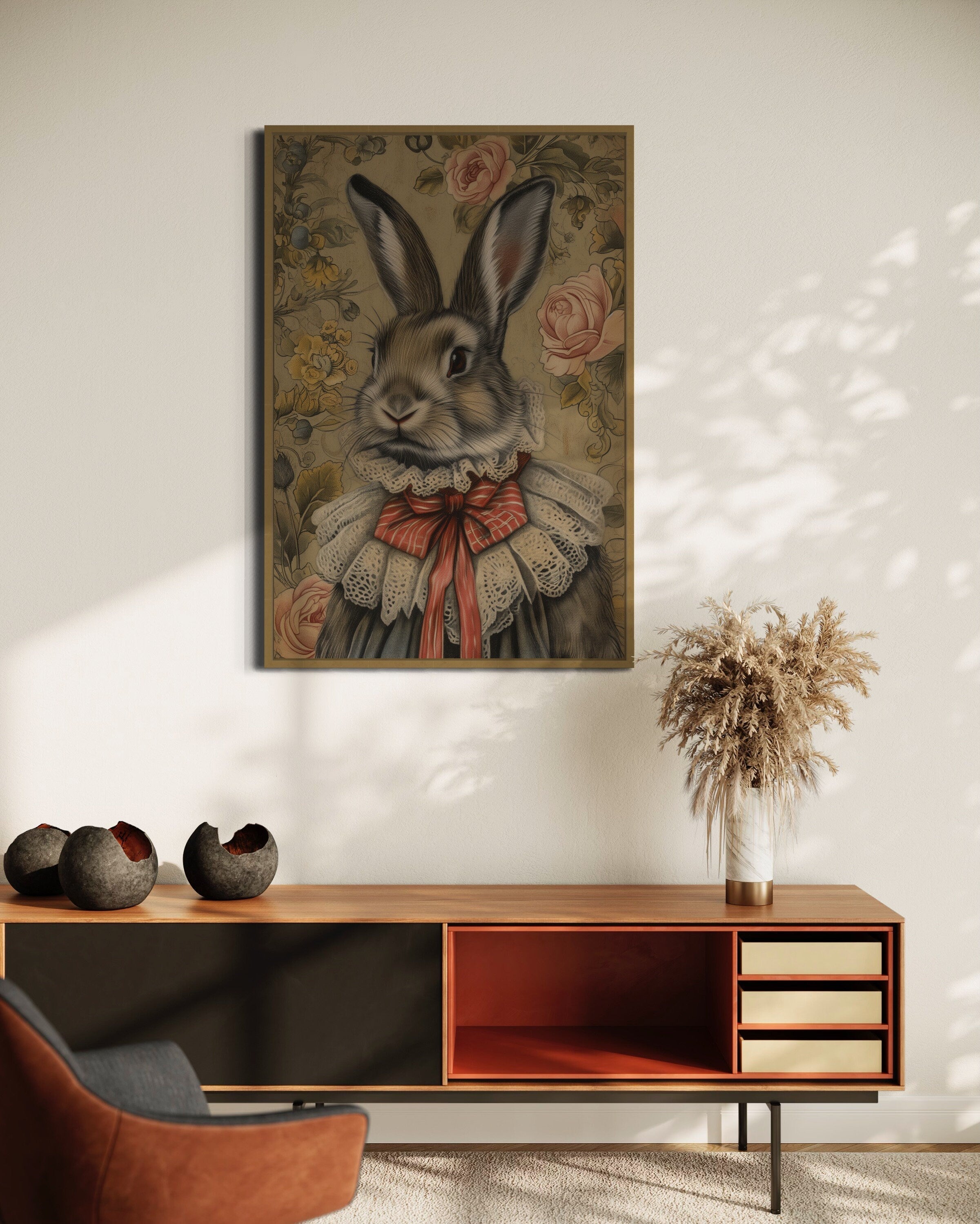 Victorian Bunny Portrait Framed Canvas Wall Art