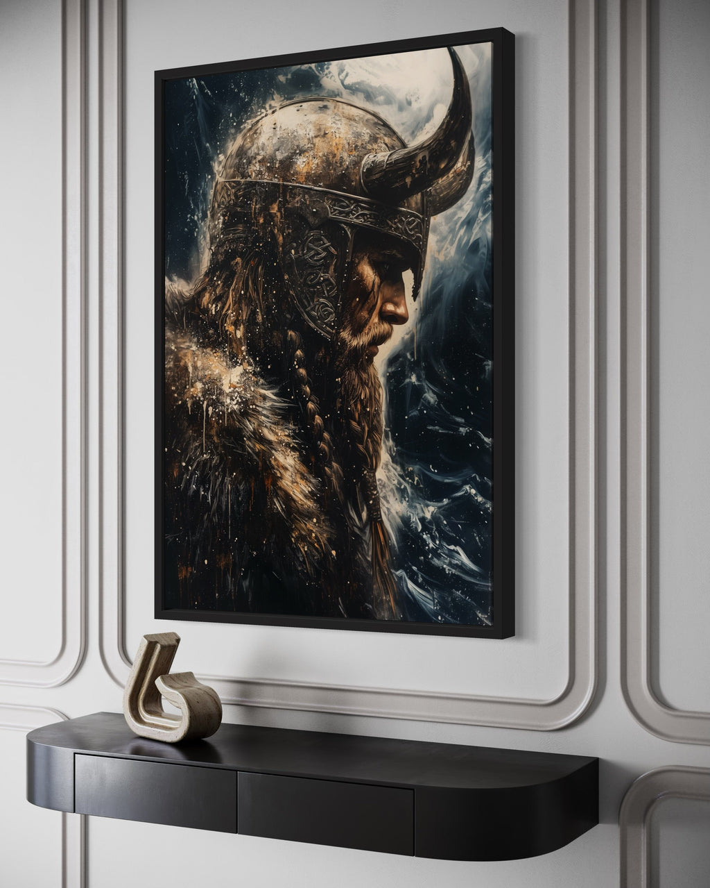Viking On Ocean Background Framed Canvas Wall Art