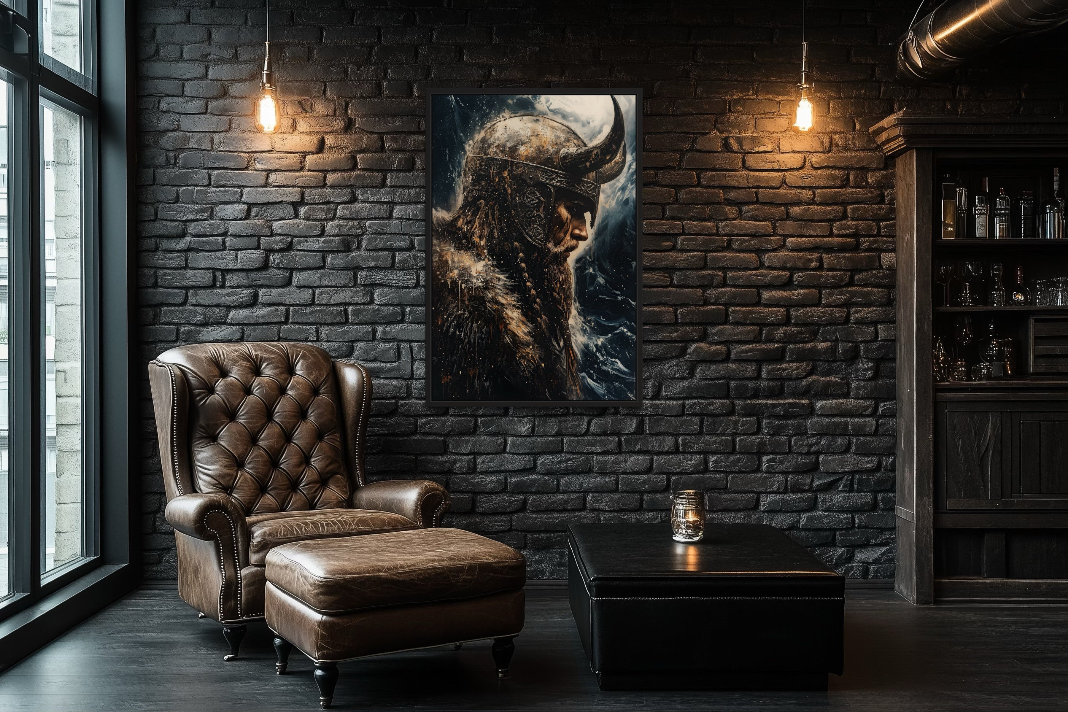 Viking On Ocean Background Framed Canvas Wall Art