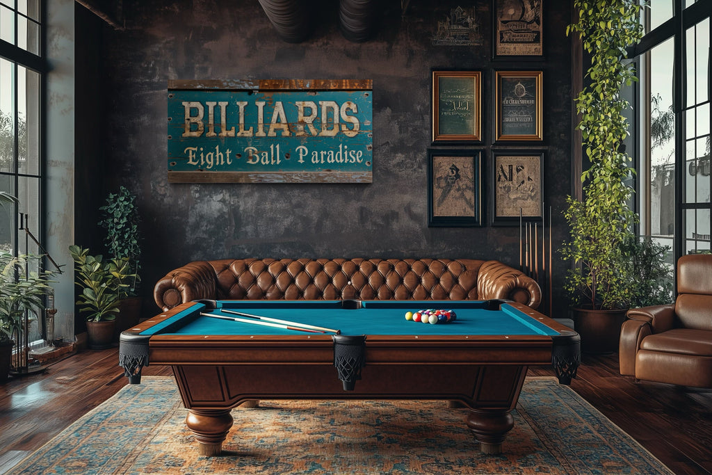 Vintage Billiards Sign - Retro Pool Wall Art | Classic Eight Ball Game Room Decor