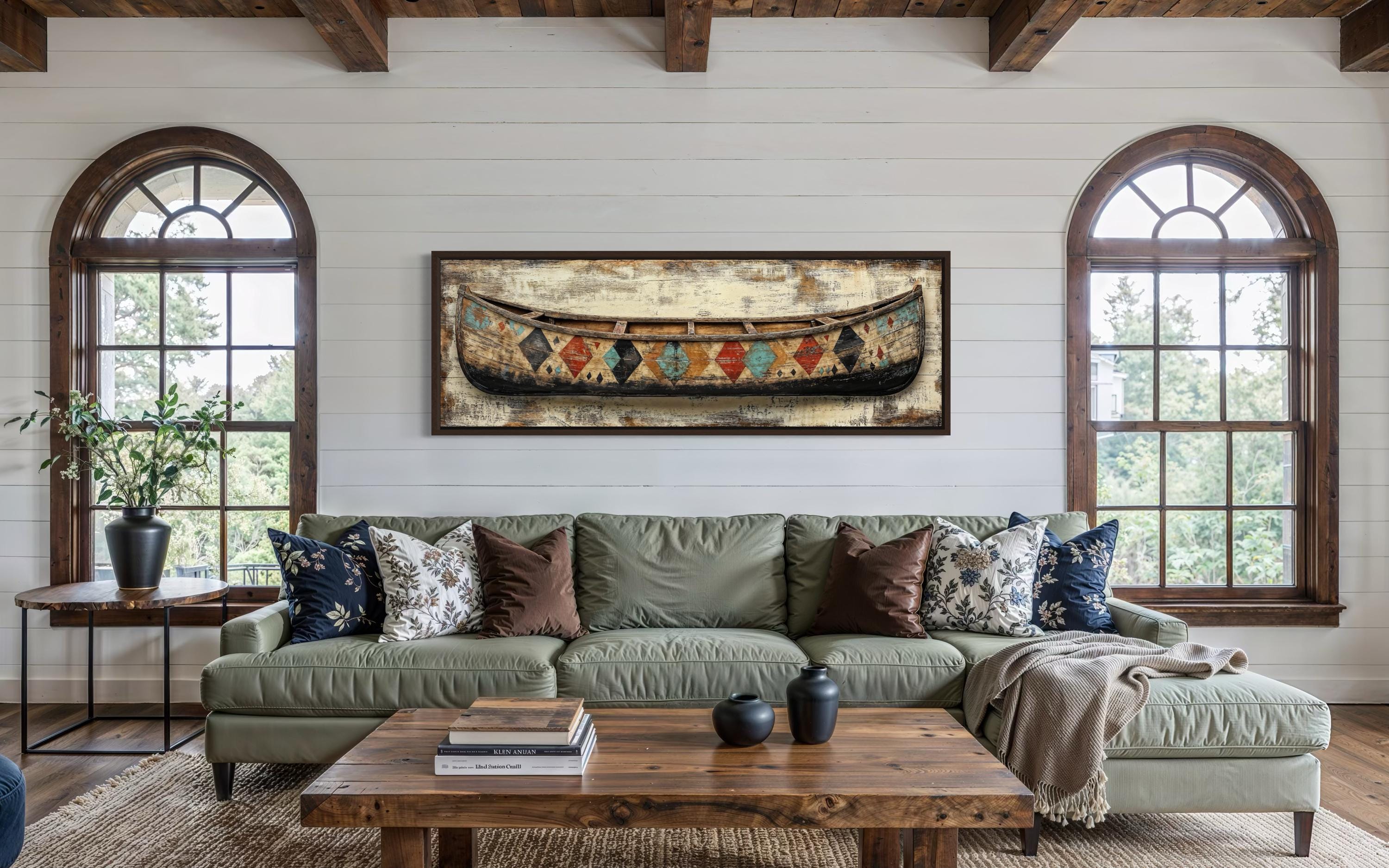Vintage Canoe With Native American Pattern Long Horizontal Canvas Wall Art