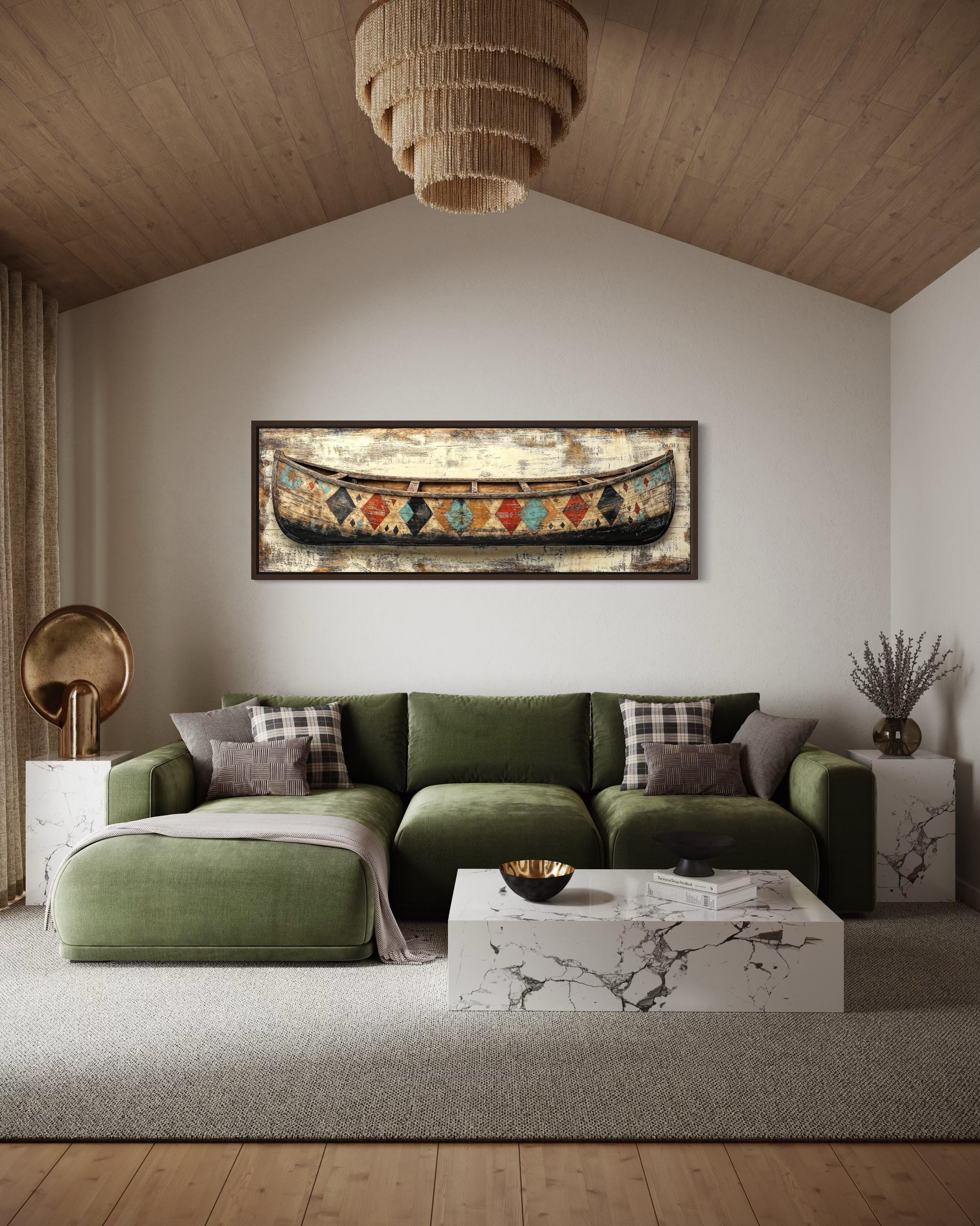 Vintage Canoe With Native American Pattern Long Horizontal Canvas Wall Art