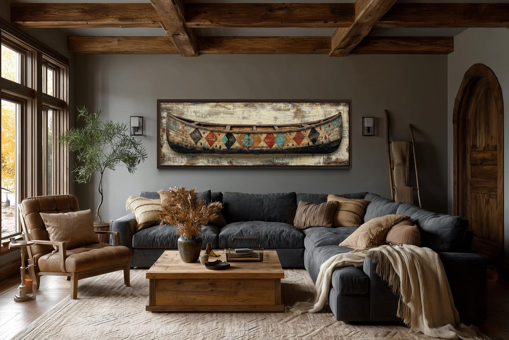 Vintage Canoe With Native American Pattern Long Horizontal Canvas Wall Art