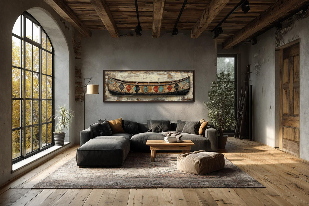 Vintage Canoe With Native American Pattern Long Horizontal Canvas Wall Art