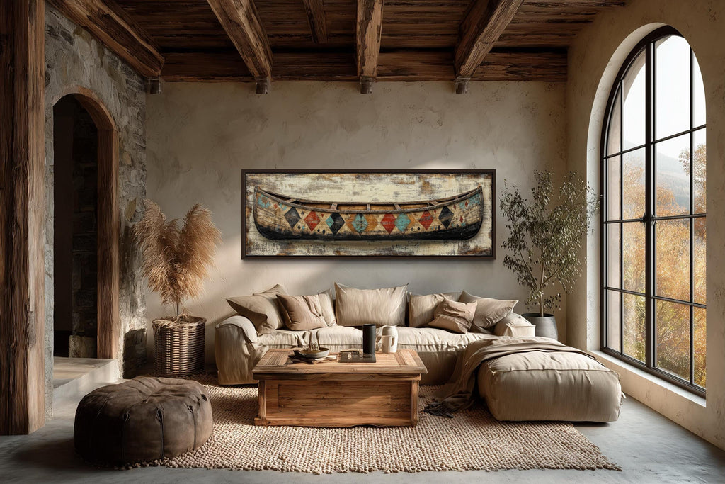 Vintage Canoe With Native American Pattern Long Horizontal Canvas Wall Art