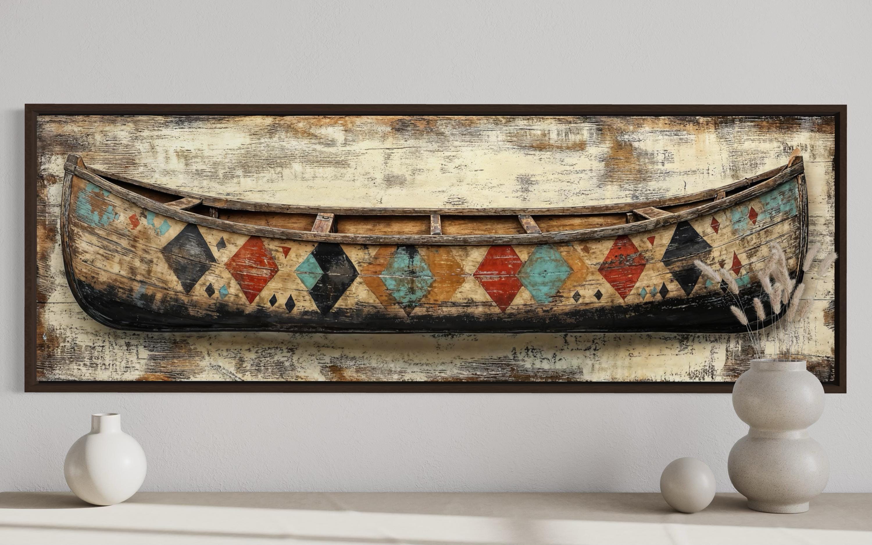 Vintage Canoe With Native American Pattern Long Horizontal Canvas Wall Art