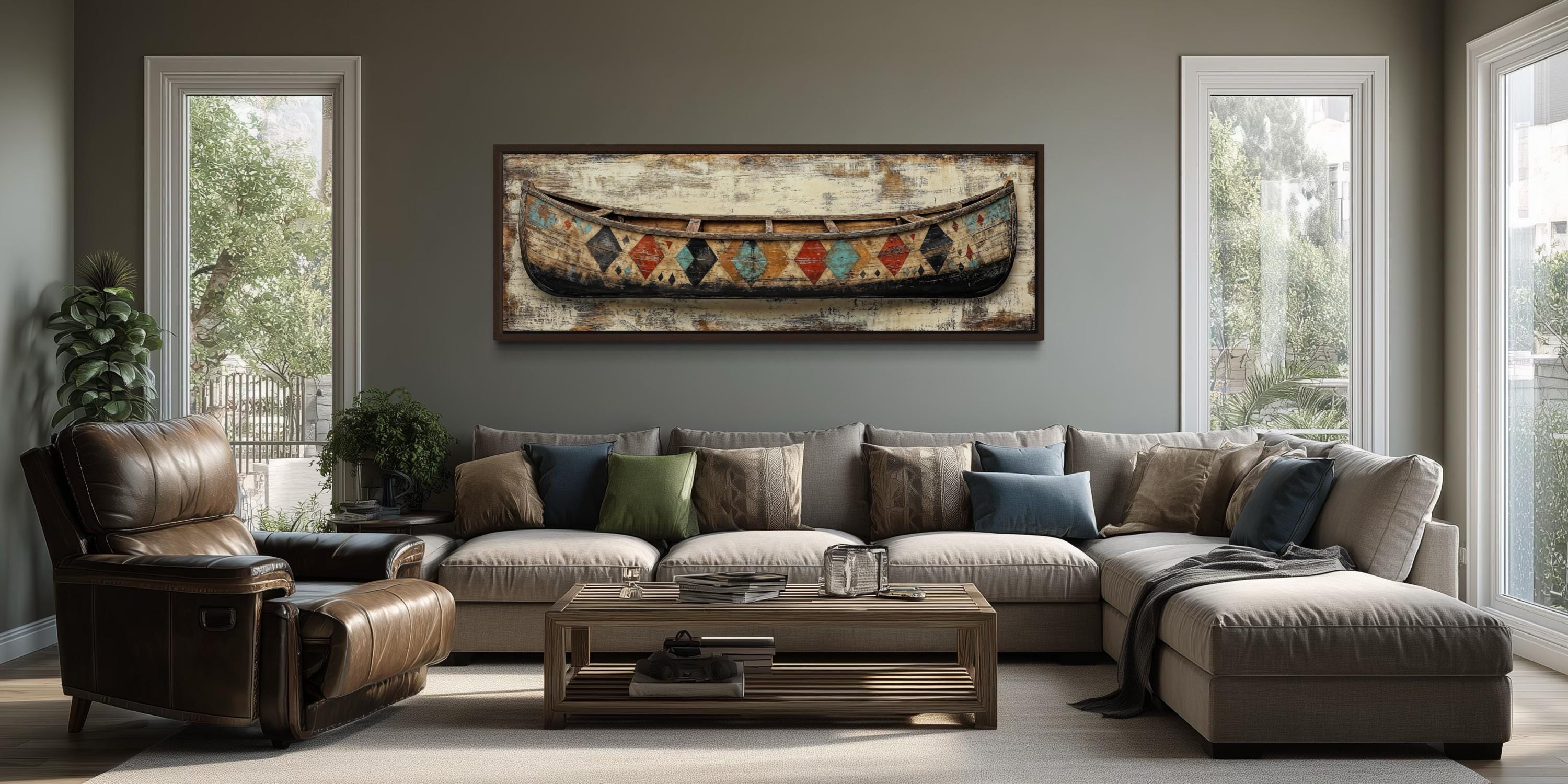 Vintage Canoe With Native American Pattern Long Horizontal Canvas Wall Art