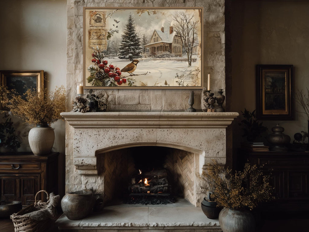 Vintage Christmas Postcard And Winter Bird and House Canvas Wall Art