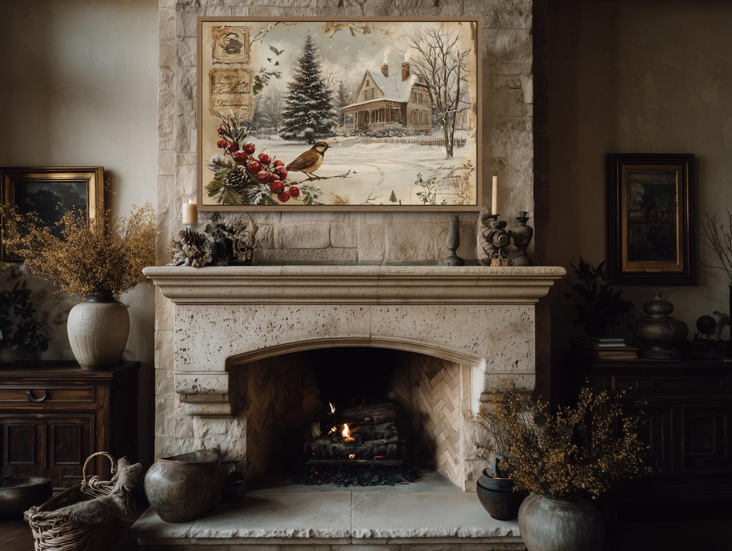 Vintage Christmas Postcard And Winter Bird and House Canvas Wall Art