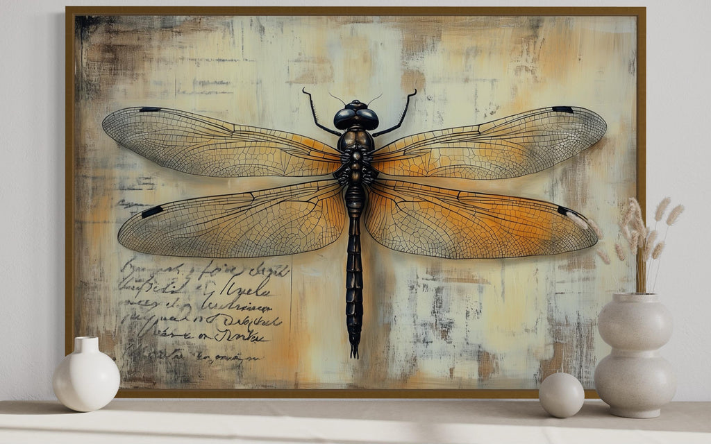 Vintage Dragonfly Illustration Framed Rustic Wall Art