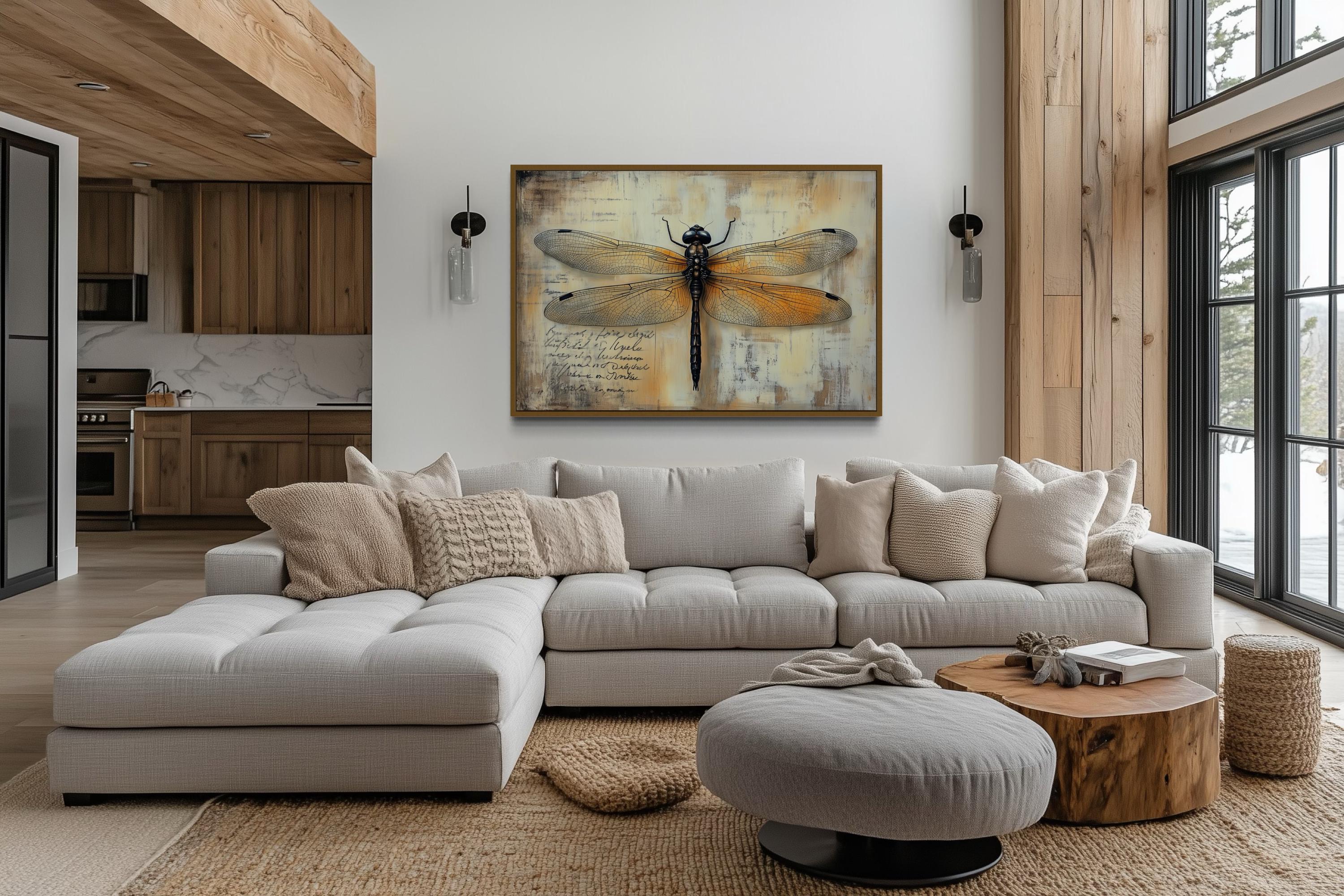 Vintage Dragonfly Illustration Framed Rustic Wall Art