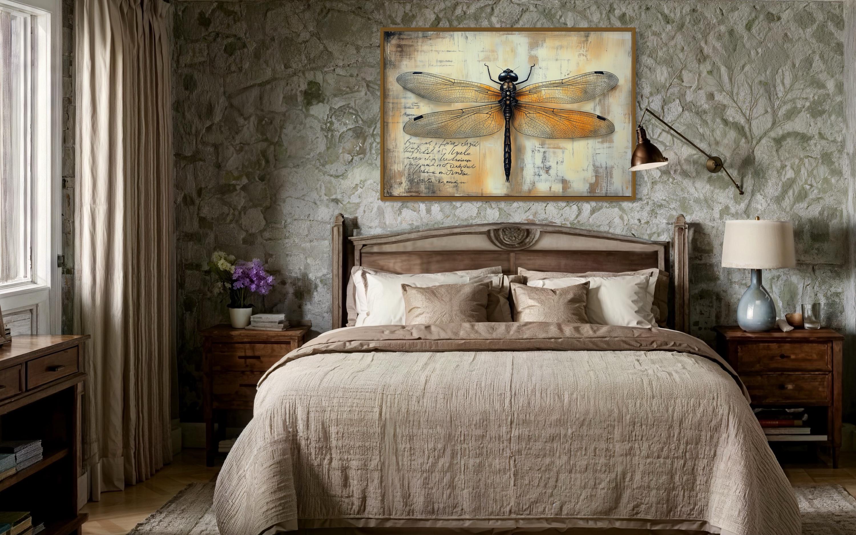 Vintage Dragonfly Illustration Framed Rustic Wall Art