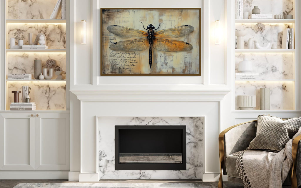 Vintage Dragonfly Illustration Framed Rustic Wall Art