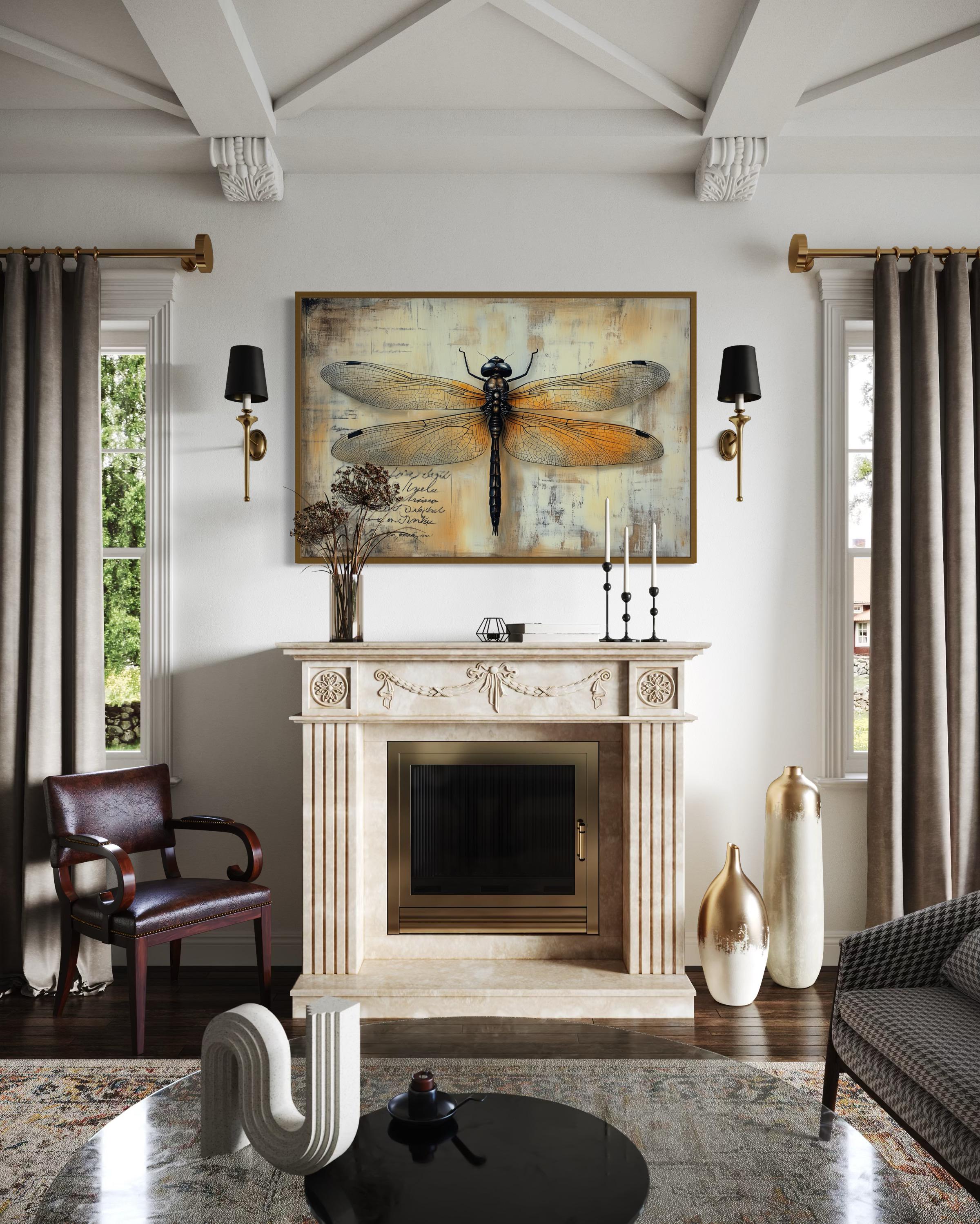 Vintage Dragonfly Illustration Framed Rustic Wall Art