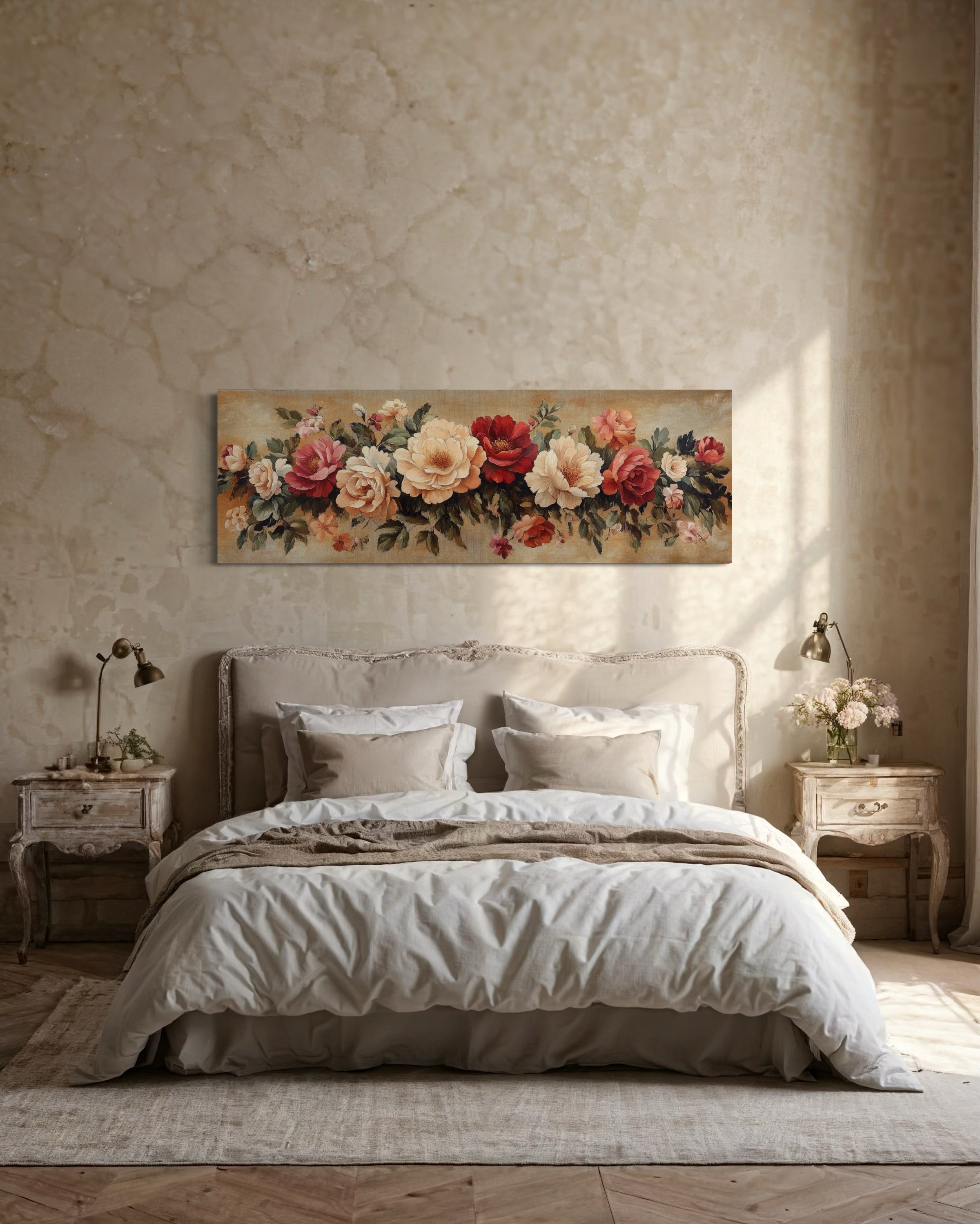 Vintage Floral Boho Horizontal Framed Tapestry Canvas Wall Art