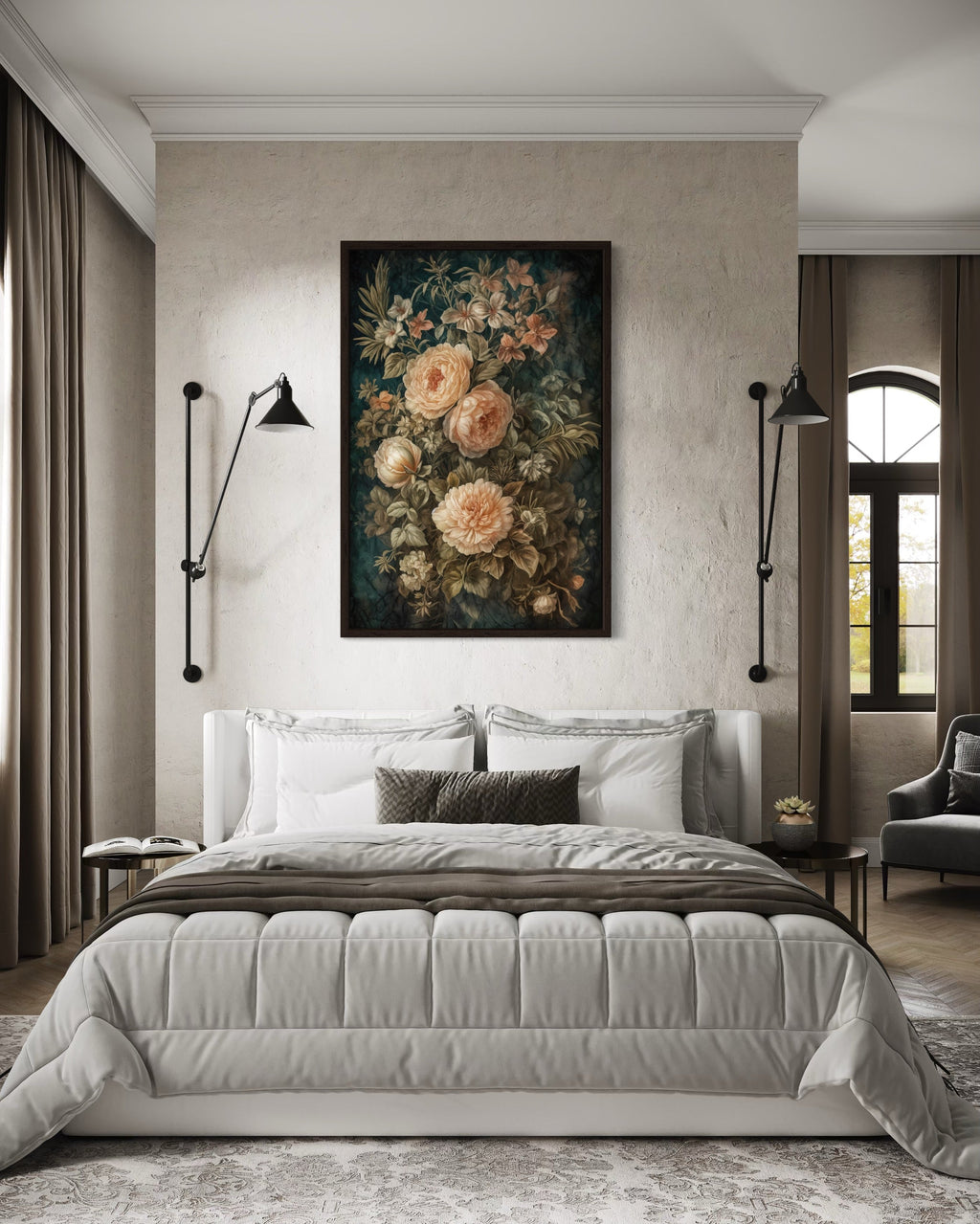 Vintage Flowers Green Cream Framed Tapestry Canvas Wall Art