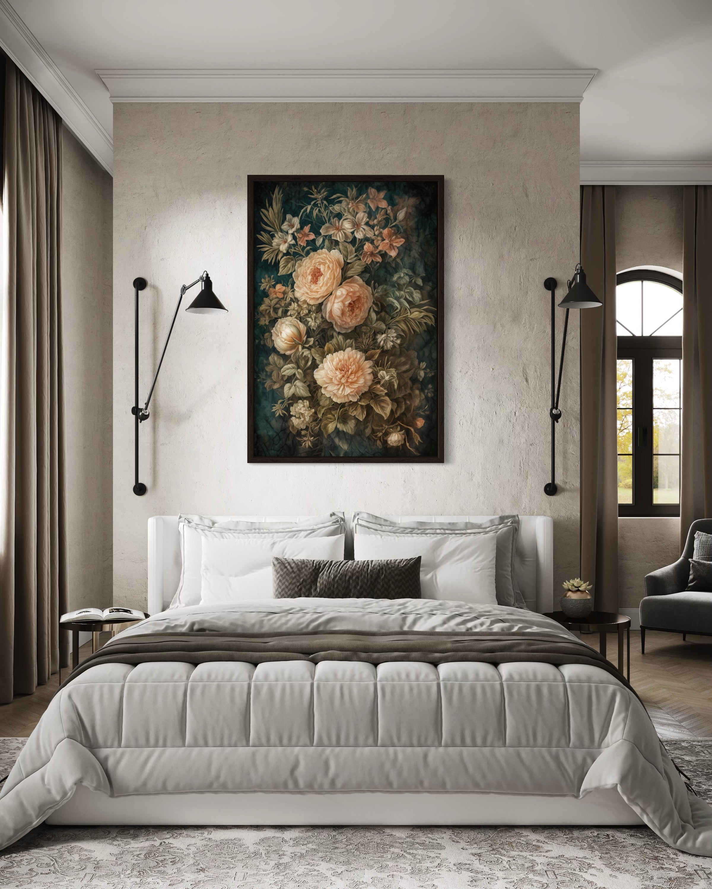 Vintage Flowers Green Cream Framed Tapestry Canvas Wall Art