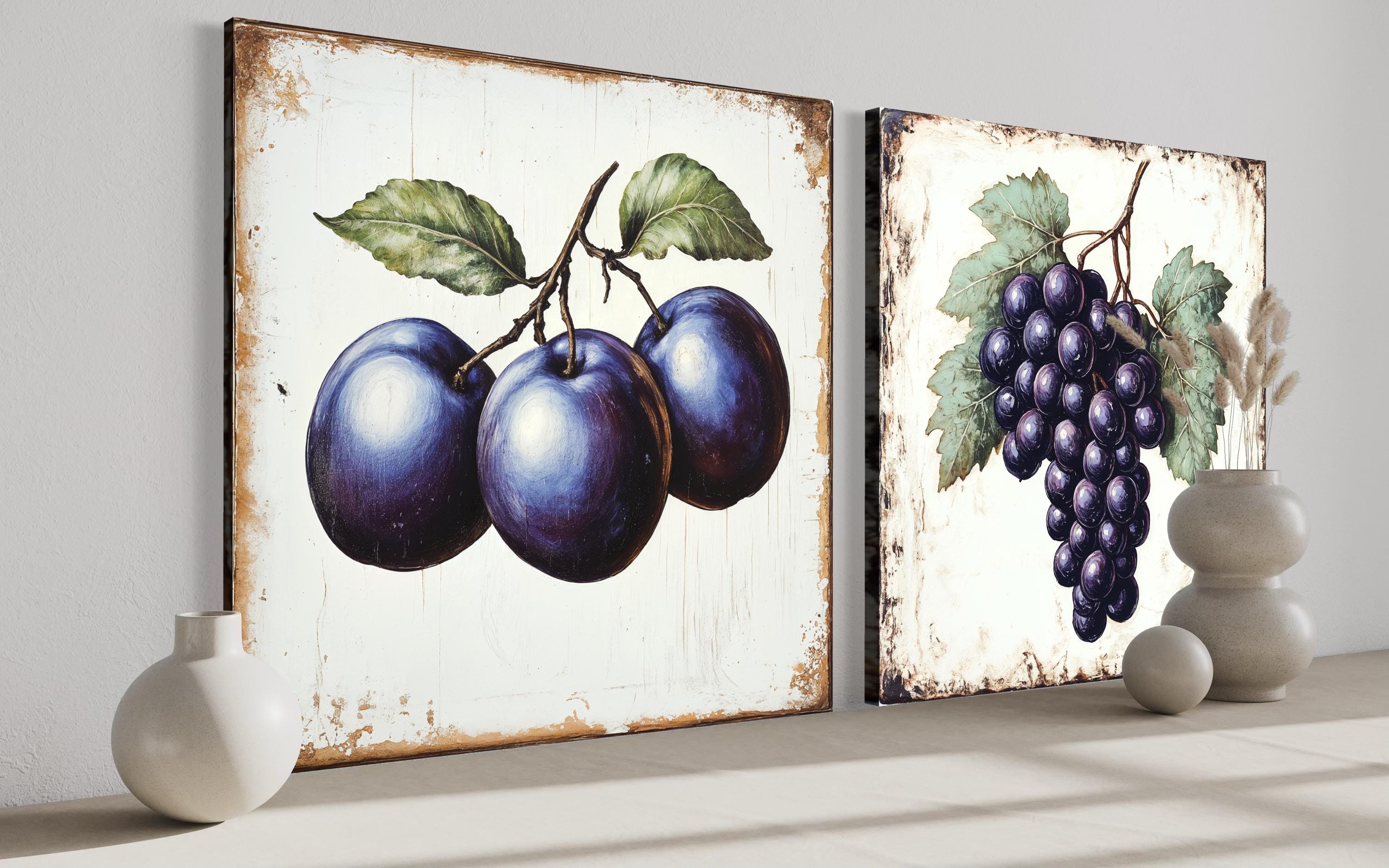 Vintage Fruit Canvas | Set of 2 Dining Room Or Kitchen Wall Art – Rustic Plum & Grape Botanical Print