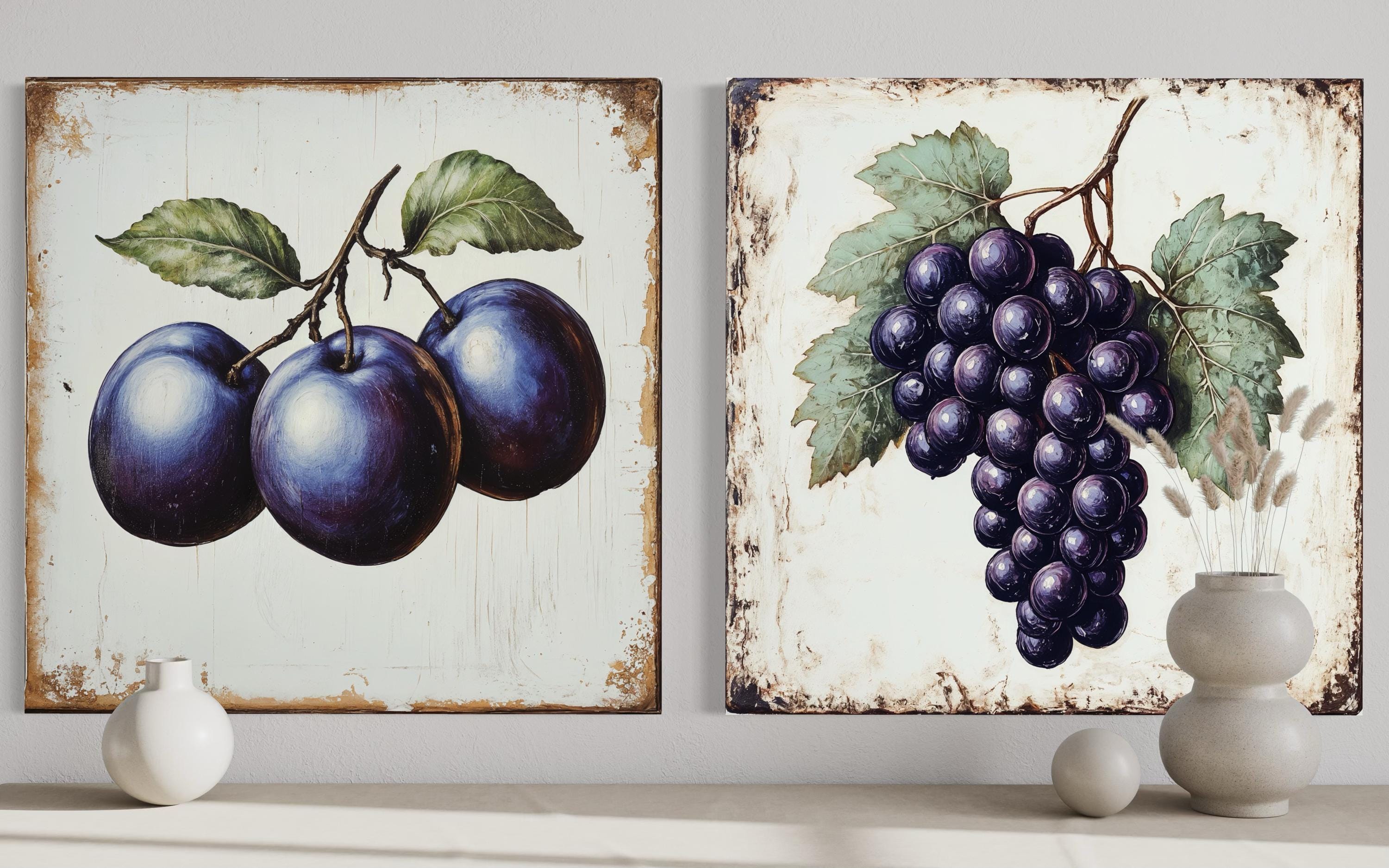 Vintage Fruit Canvas | Set of 2 Dining Room Or Kitchen Wall Art – Rustic Plum & Grape Botanical Print