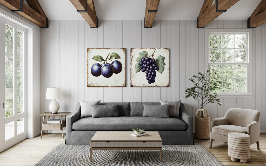 Vintage Fruit Canvas | Set of 2 Dining Room Or Kitchen Wall Art – Rustic Plum & Grape Botanical Print