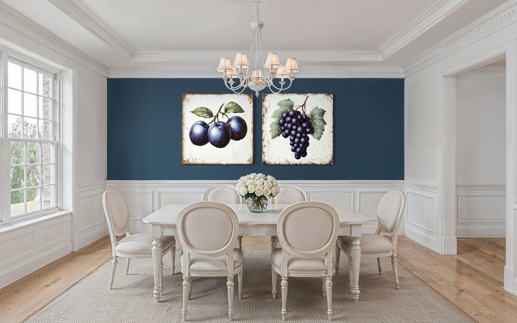 Vintage Fruit Canvas | Set of 2 Dining Room Or Kitchen Wall Art – Rustic Plum & Grape Botanical Print