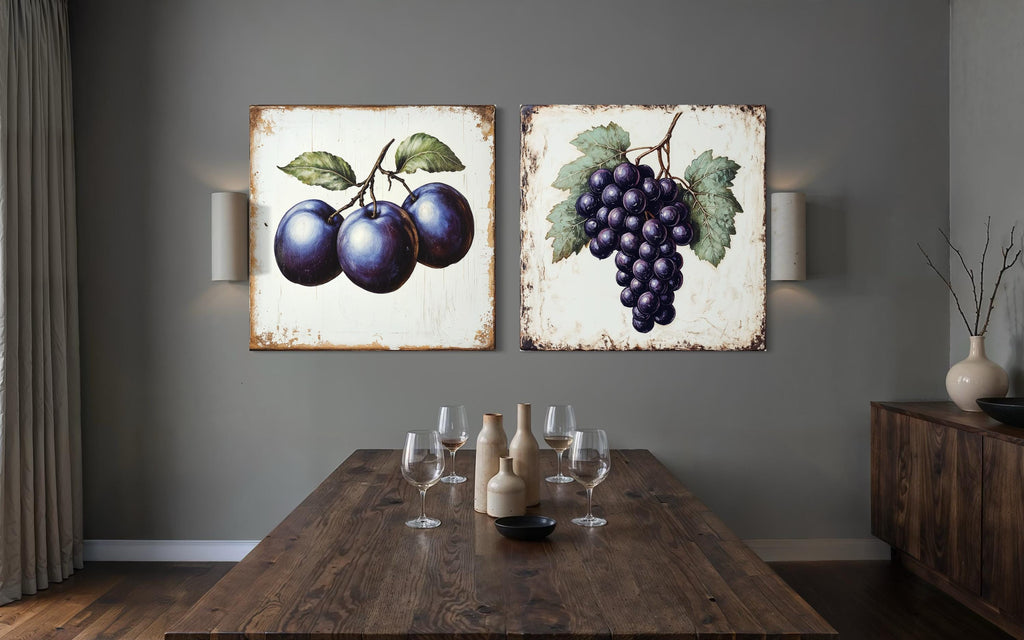 Vintage Fruit Canvas | Set of 2 Dining Room Or Kitchen Wall Art – Rustic Plum & Grape Botanical Print