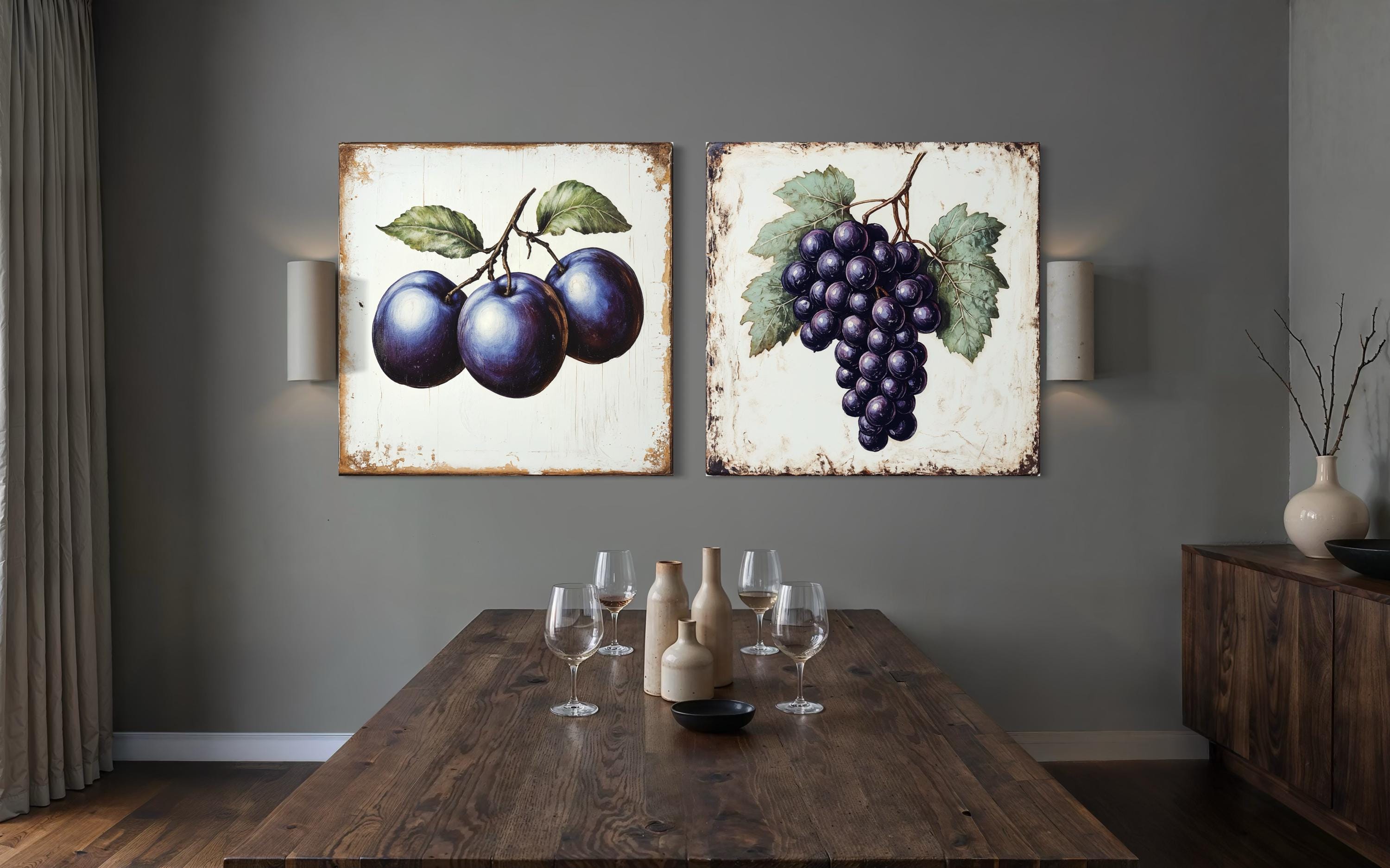 Vintage Fruit Canvas | Set of 2 Dining Room Or Kitchen Wall Art – Rustic Plum & Grape Botanical Print