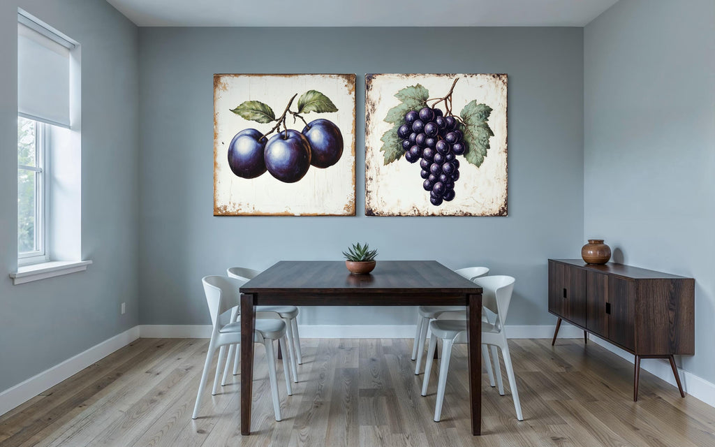 Vintage Fruit Canvas | Set of 2 Dining Room Or Kitchen Wall Art – Rustic Plum & Grape Botanical Print