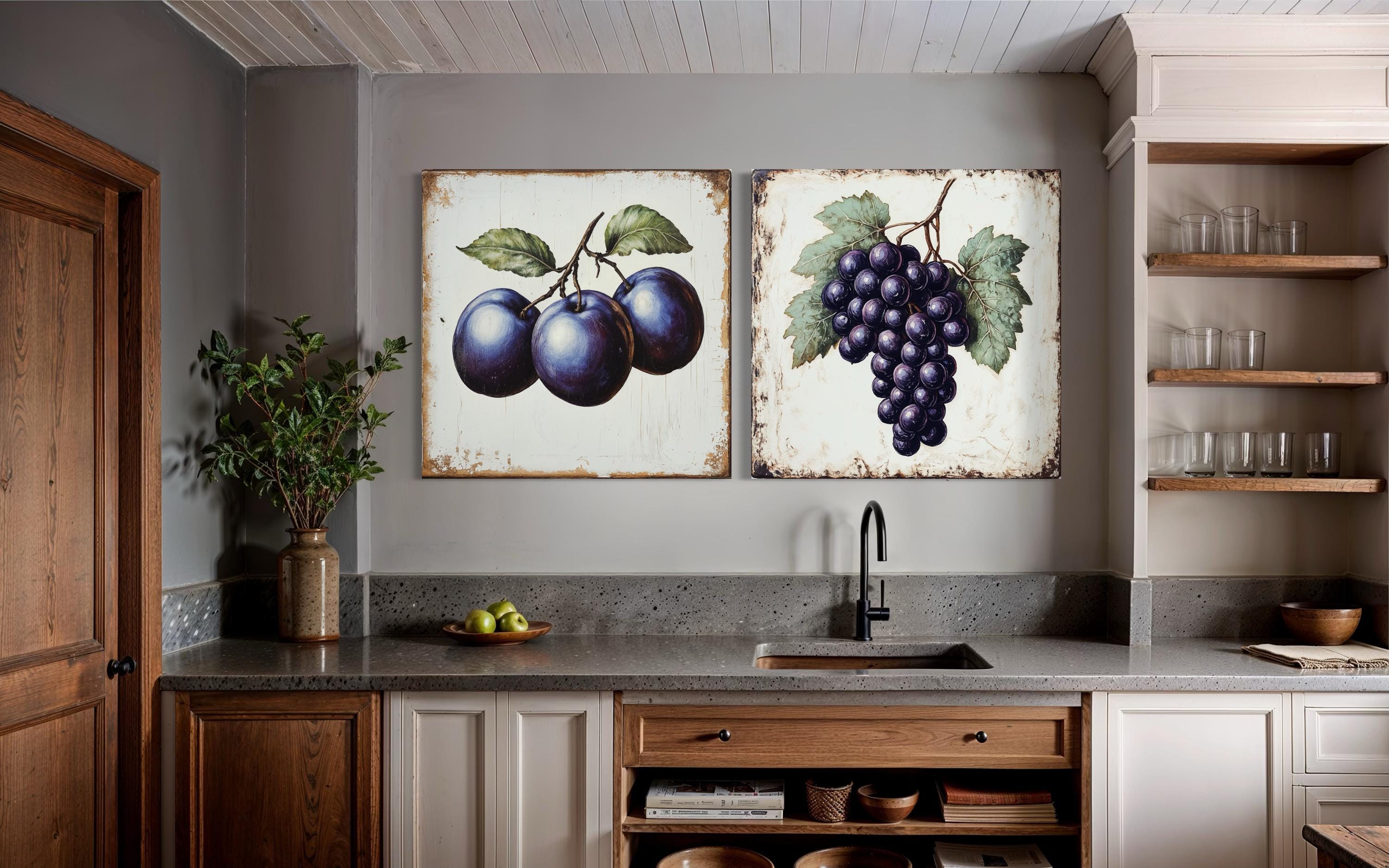 Vintage Fruit Canvas | Set of 2 Dining Room Or Kitchen Wall Art – Rustic Plum & Grape Botanical Print