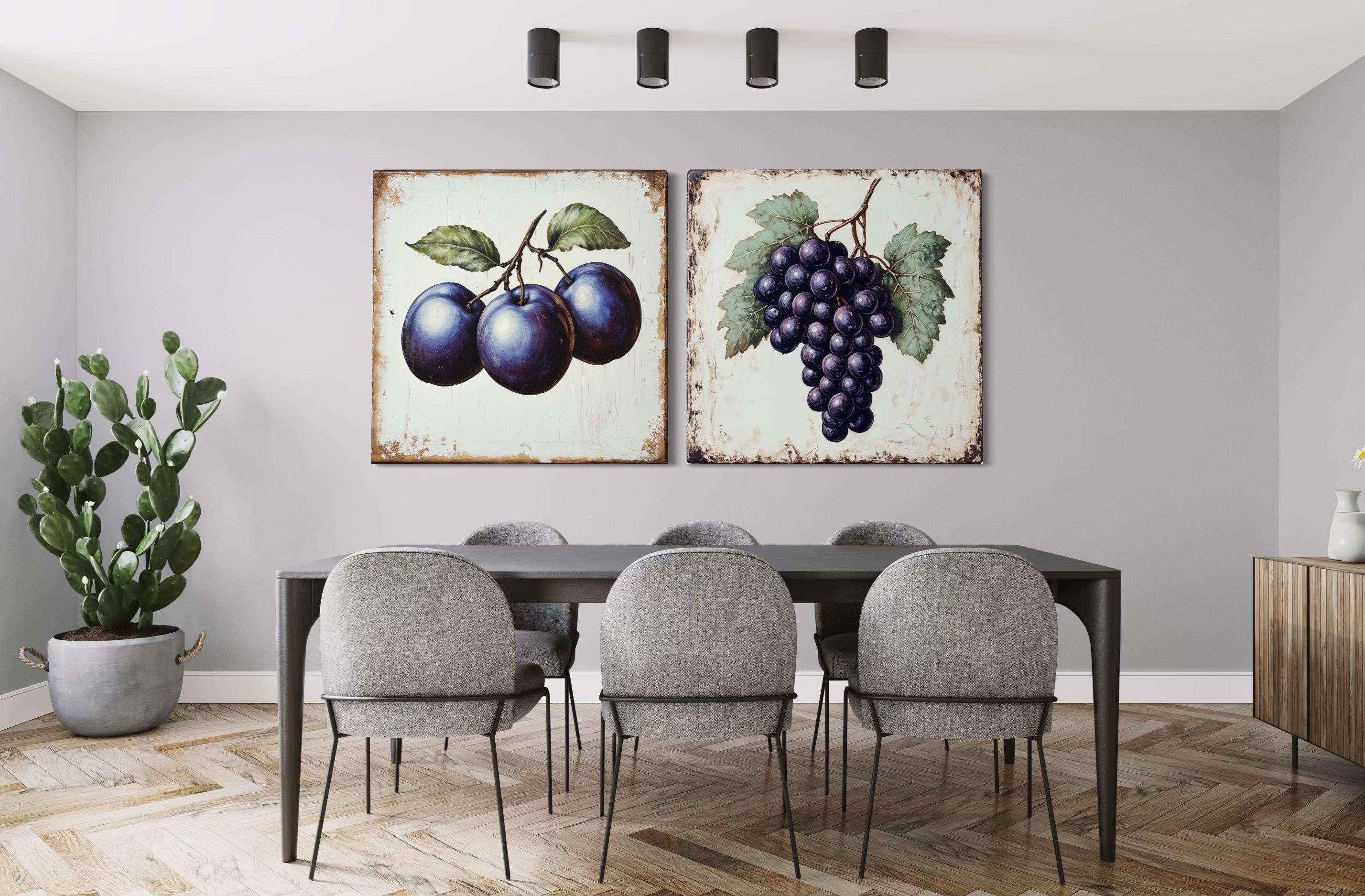 Vintage Fruit Canvas | Set of 2 Dining Room Or Kitchen Wall Art – Rustic Plum & Grape Botanical Print