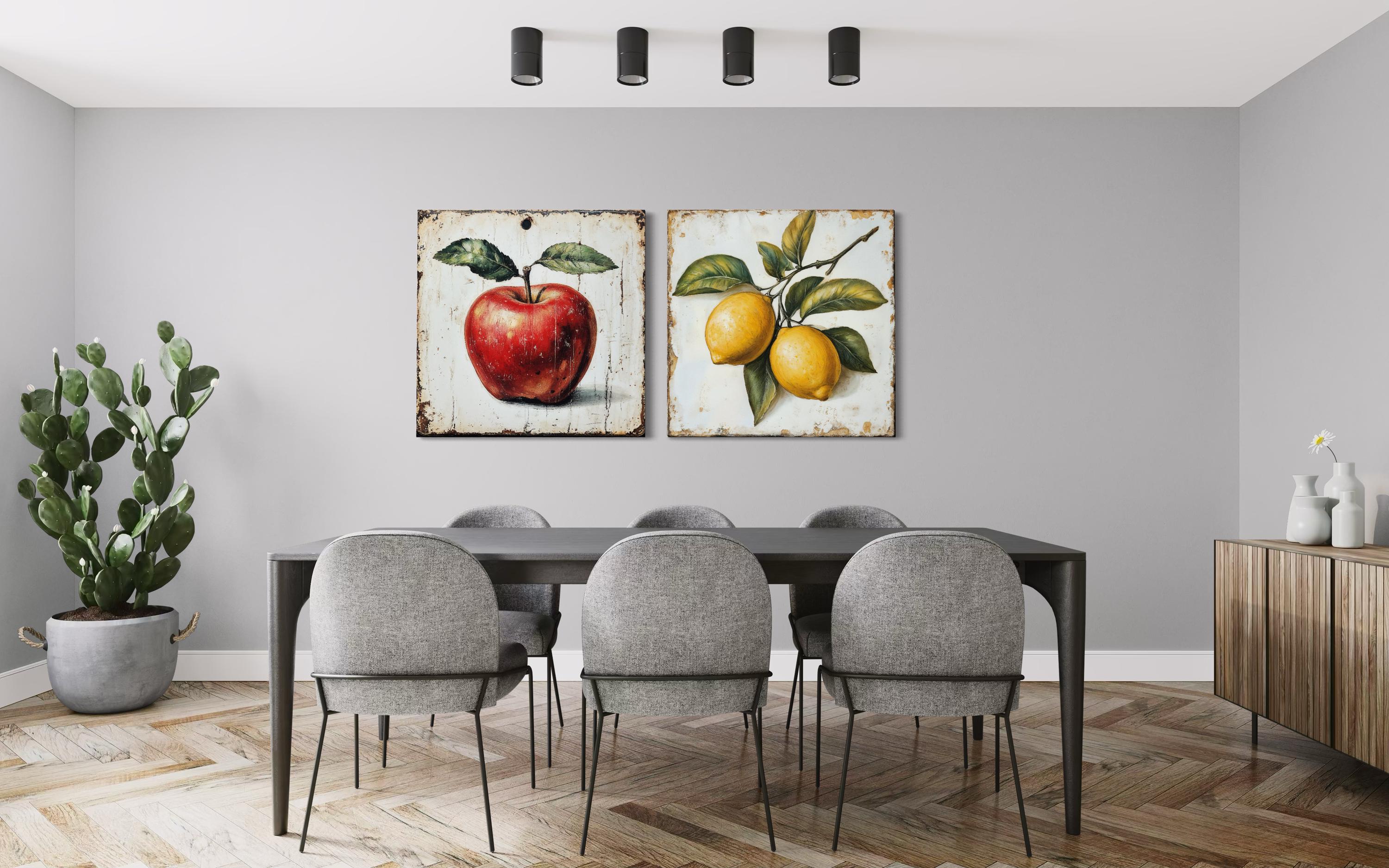 Vintage Fruit Wall Art - Farmhouse Kitchen Decor | Apple Lemon Canvas Set Ready to Hang