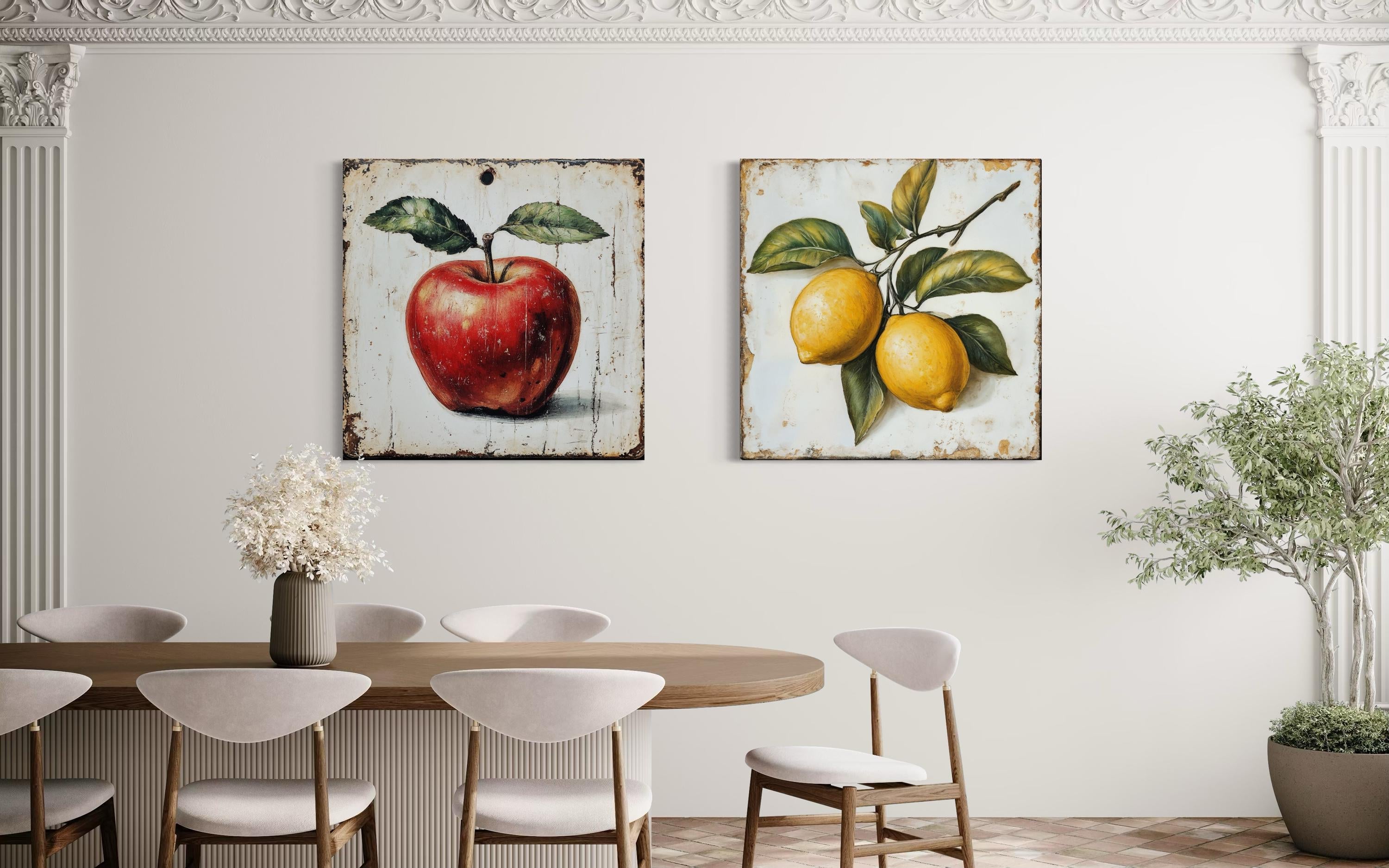 Vintage Fruit Wall Art - Farmhouse Kitchen Decor | Apple Lemon Canvas Set Ready to Hang