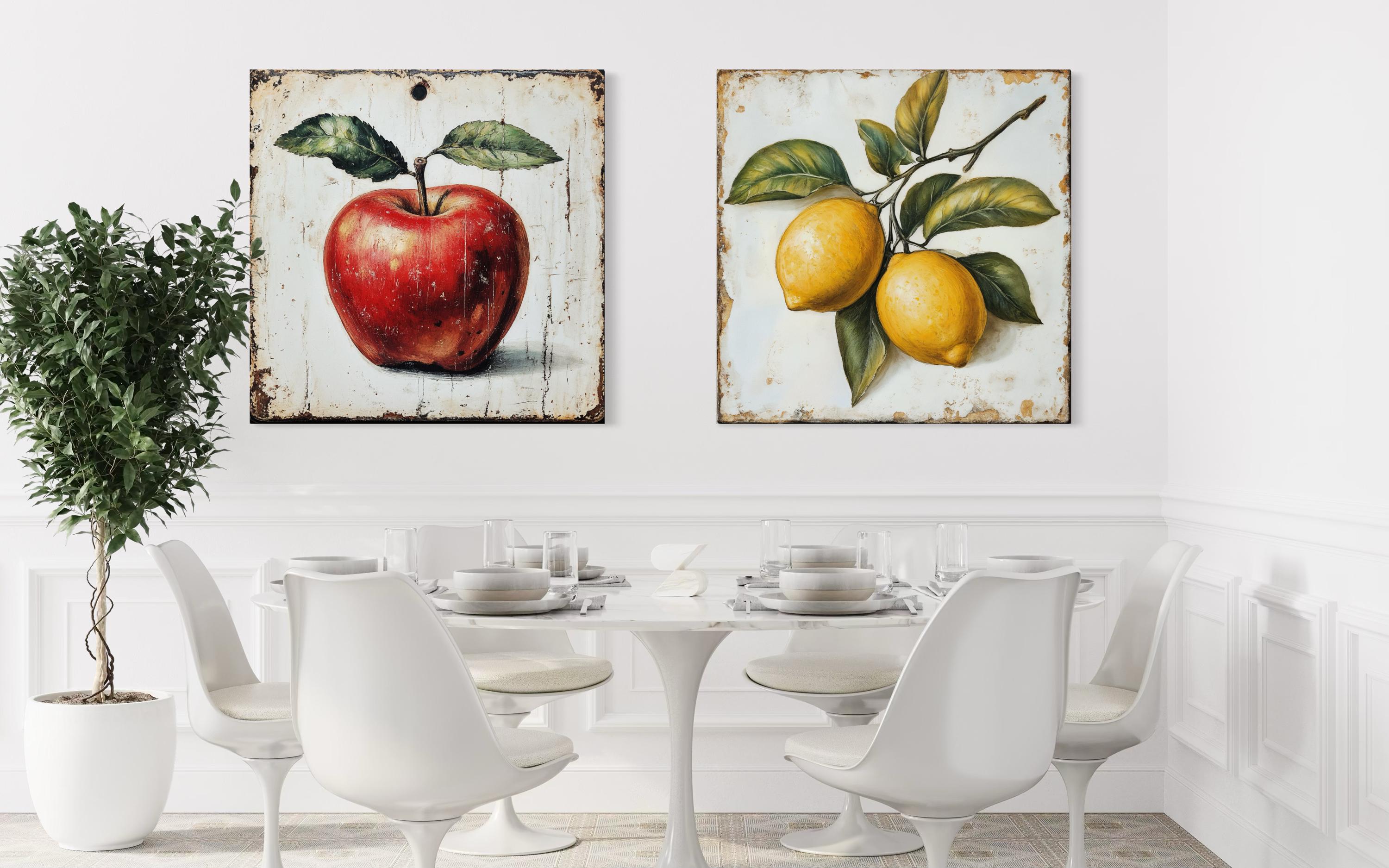 Vintage Fruit Wall Art - Farmhouse Kitchen Decor | Apple Lemon Canvas Set Ready to Hang