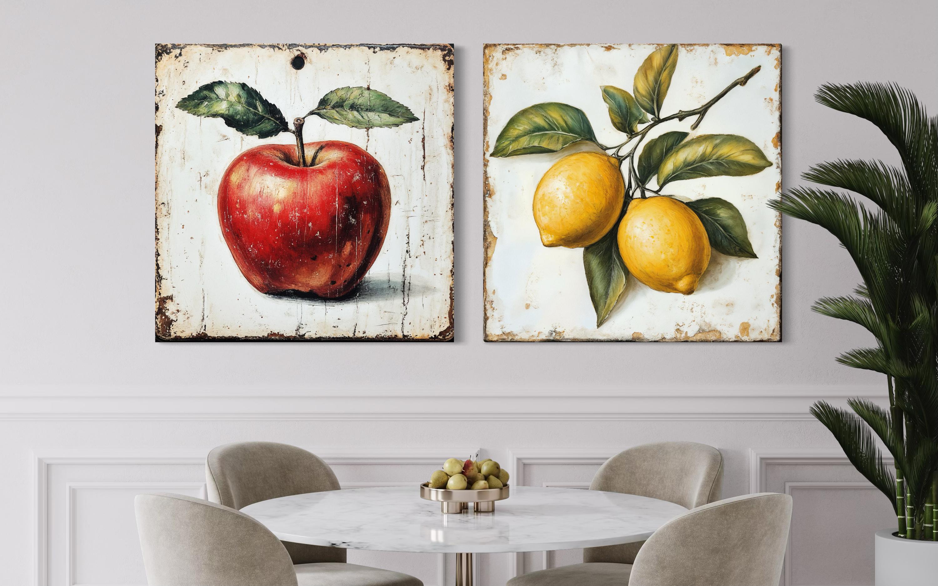 Vintage Fruit Wall Art - Farmhouse Kitchen Decor | Apple Lemon Canvas Set Ready to Hang