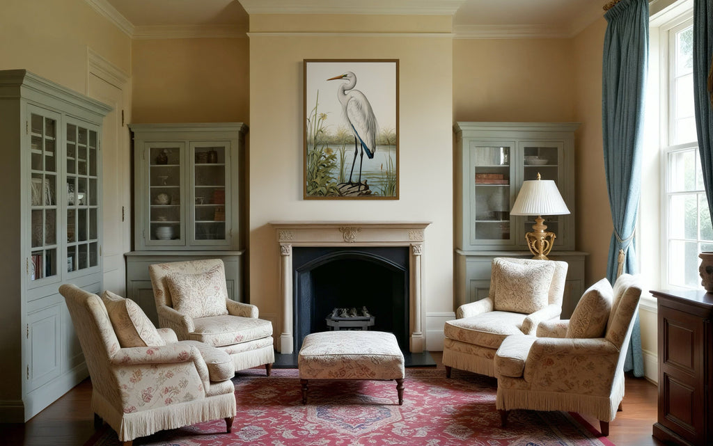 Vintage Great Egret Painting Coastal Birds Framed Canvas Wall Art