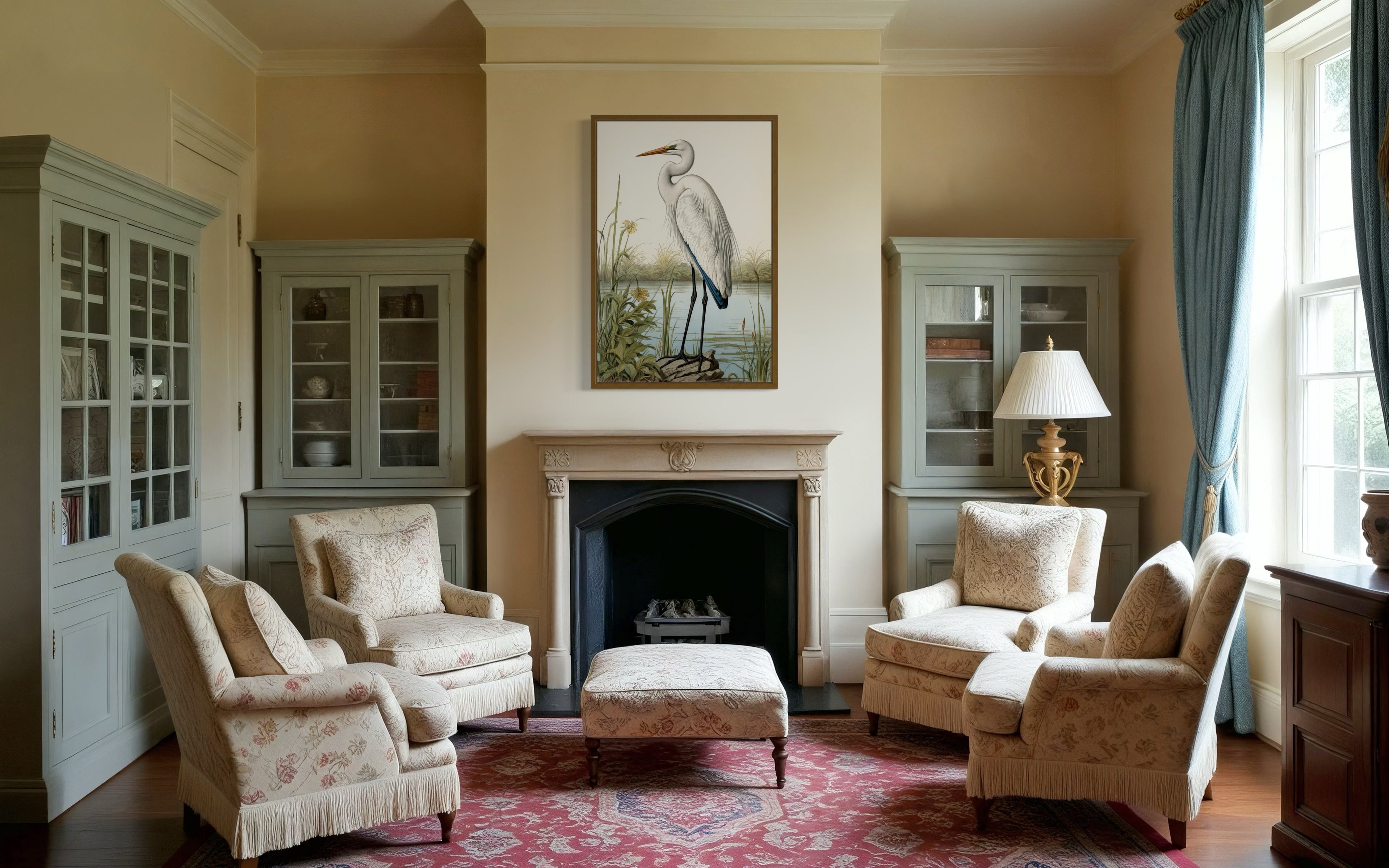 Vintage Great Egret Painting Coastal Birds Framed Canvas Wall Art