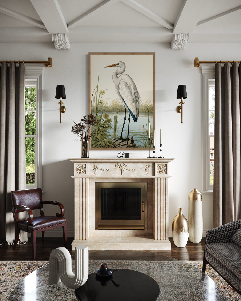 Vintage Great Egret Painting Coastal Birds Framed Canvas Wall Art