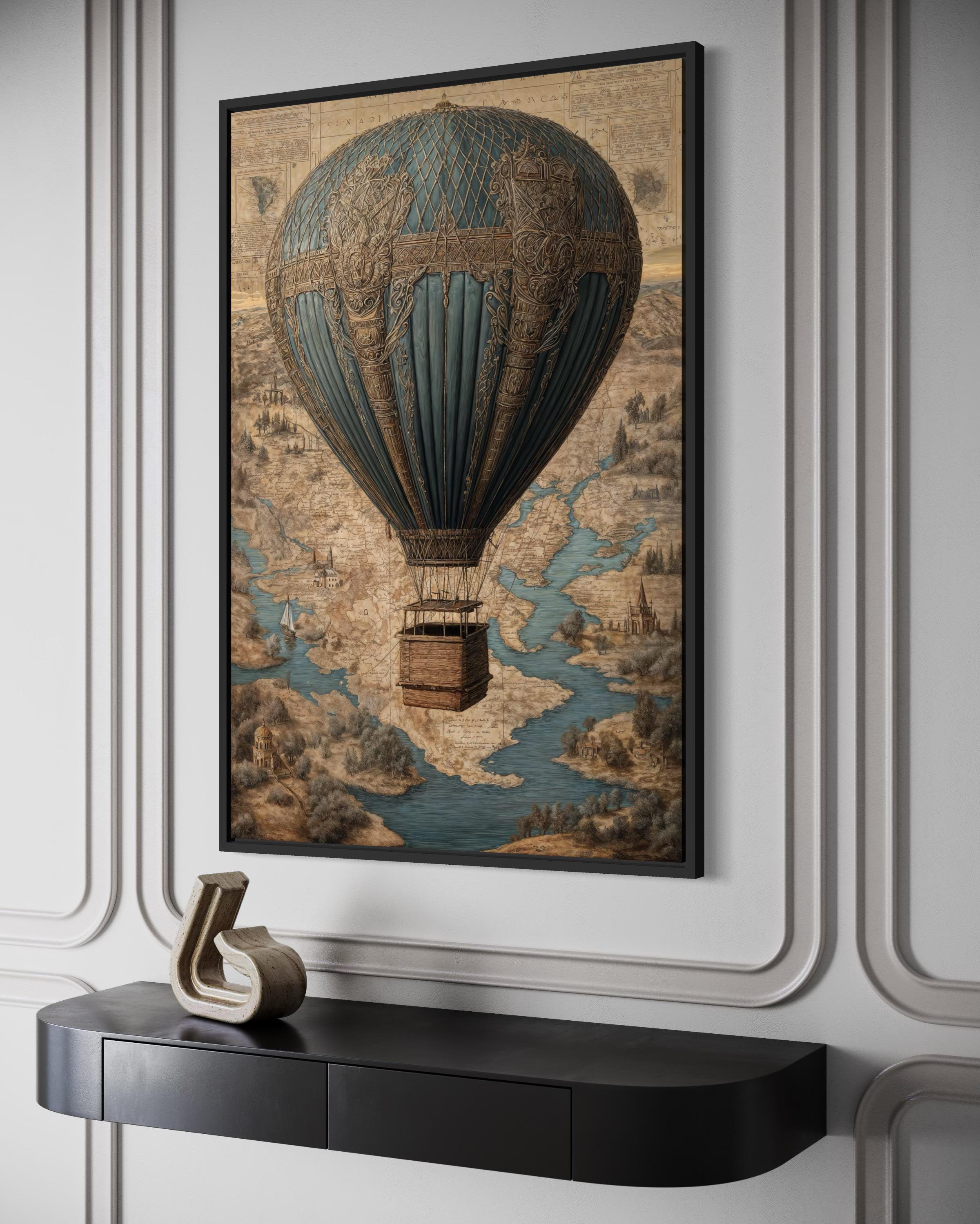 Vintage Hot Air Balloon Antique Map Art - Steampunk Travel Decor for Men
