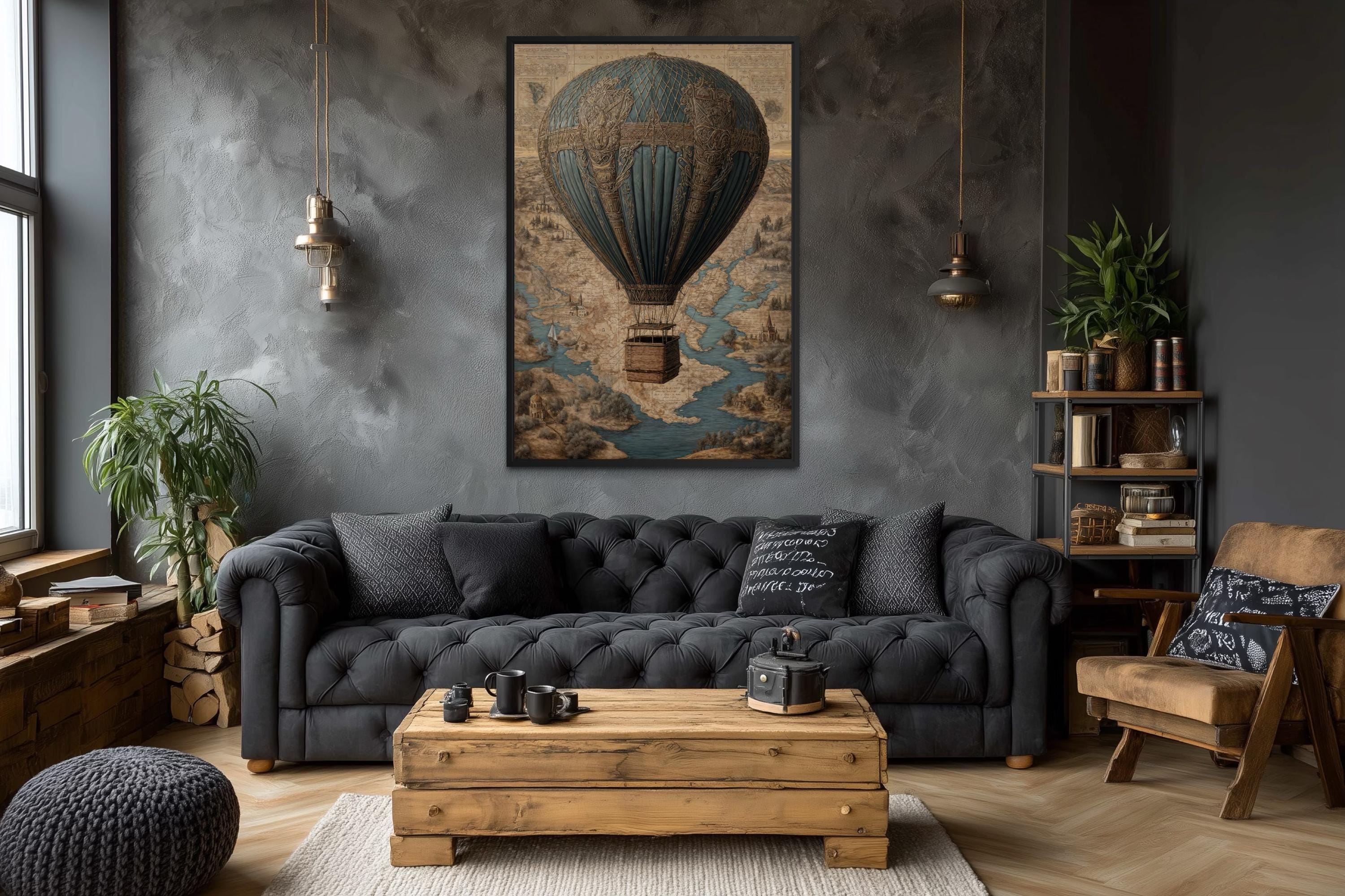Vintage Hot Air Balloon Antique Map Art - Steampunk Travel Decor for Men