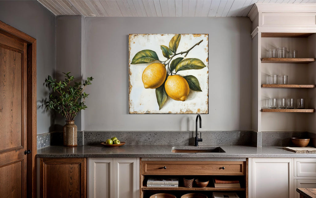 Vintage Lemon Canvas | Rustic Citrus Painting - Farmhouse Kitchen Wall Art