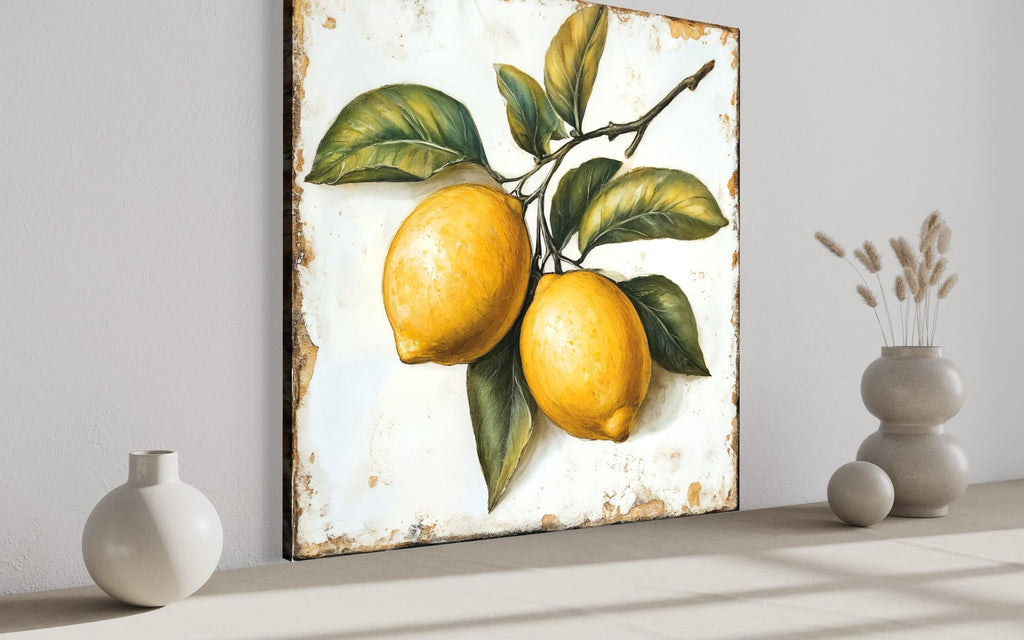 Vintage Lemon Canvas | Rustic Citrus Painting - Farmhouse Kitchen Wall Art