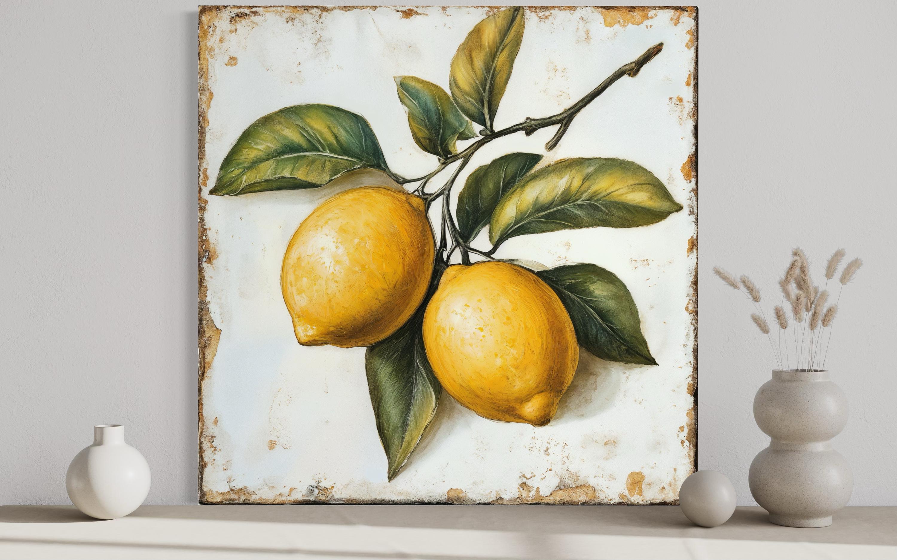 Vintage Lemon Canvas | Rustic Citrus Painting - Farmhouse Kitchen Wall Art