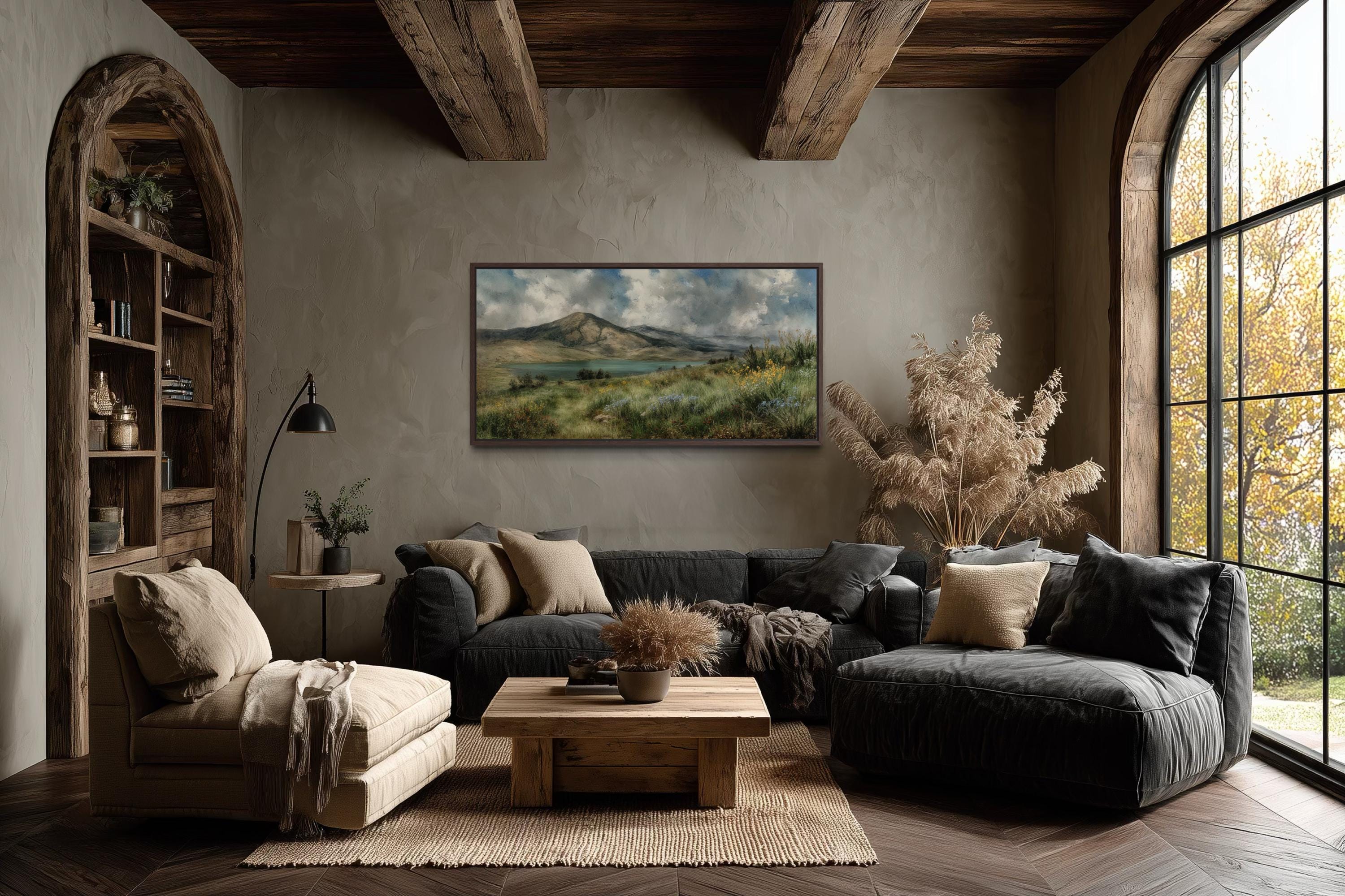 Vintage Mountain Lake Art - Rustic Cabin Wall Decor | Wildflower Meadow Canvas Print