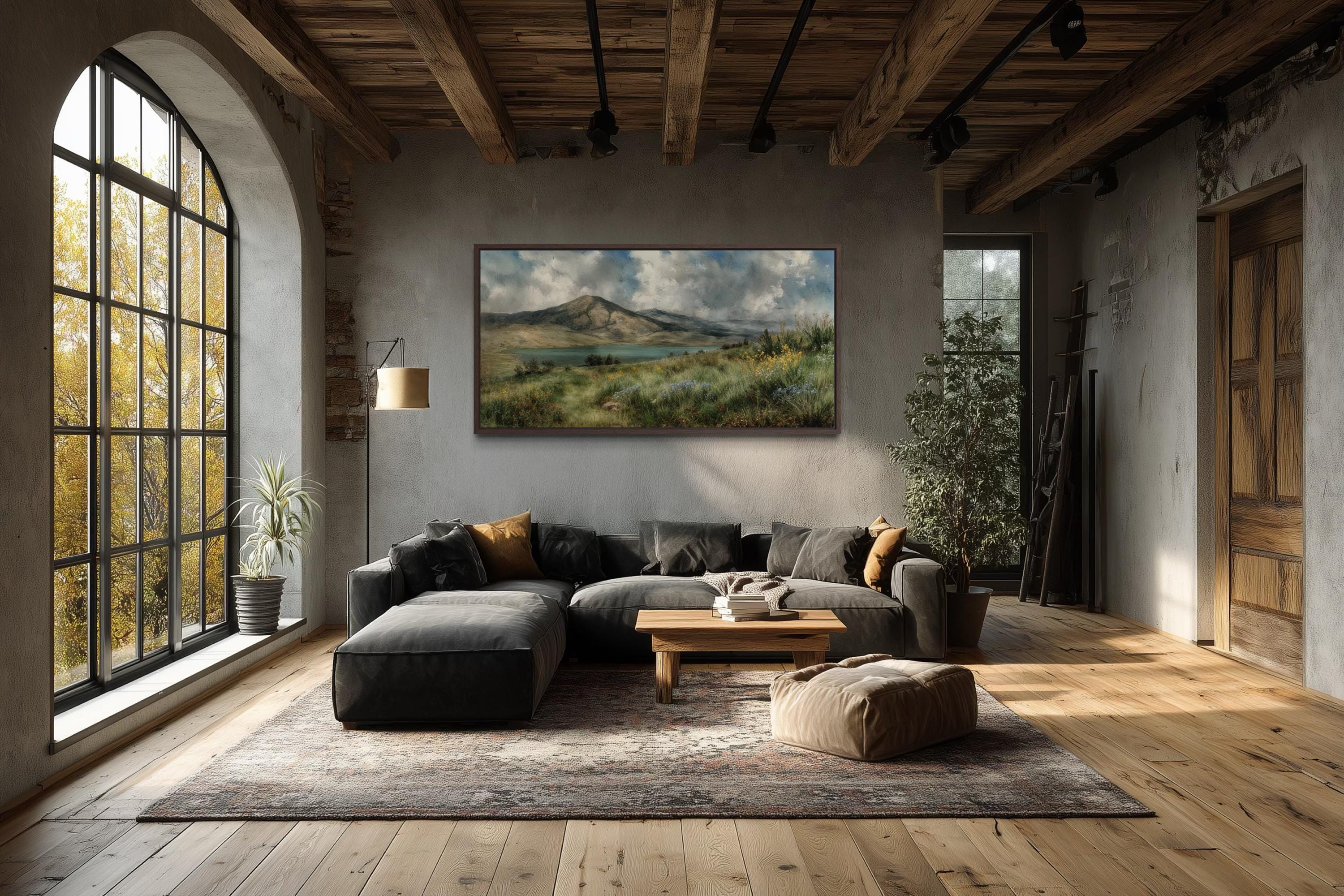 Vintage Mountain Lake Art - Rustic Cabin Wall Decor | Wildflower Meadow Canvas Print