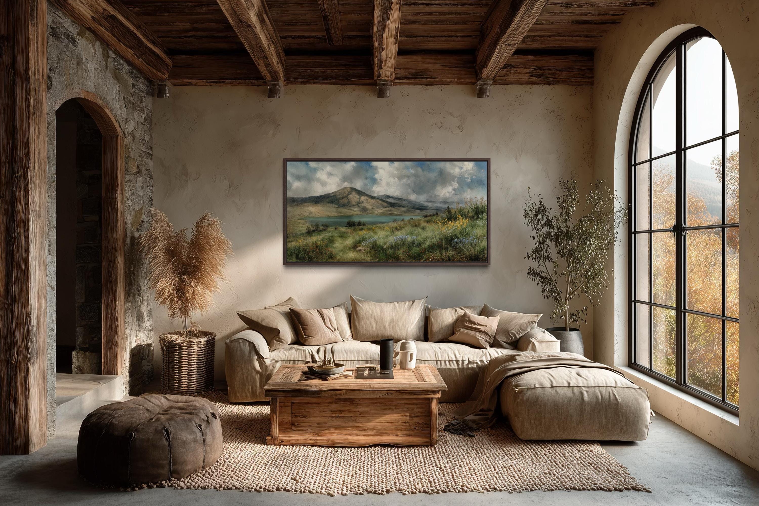 Vintage Mountain Lake Art - Rustic Cabin Wall Decor | Wildflower Meadow Canvas Print