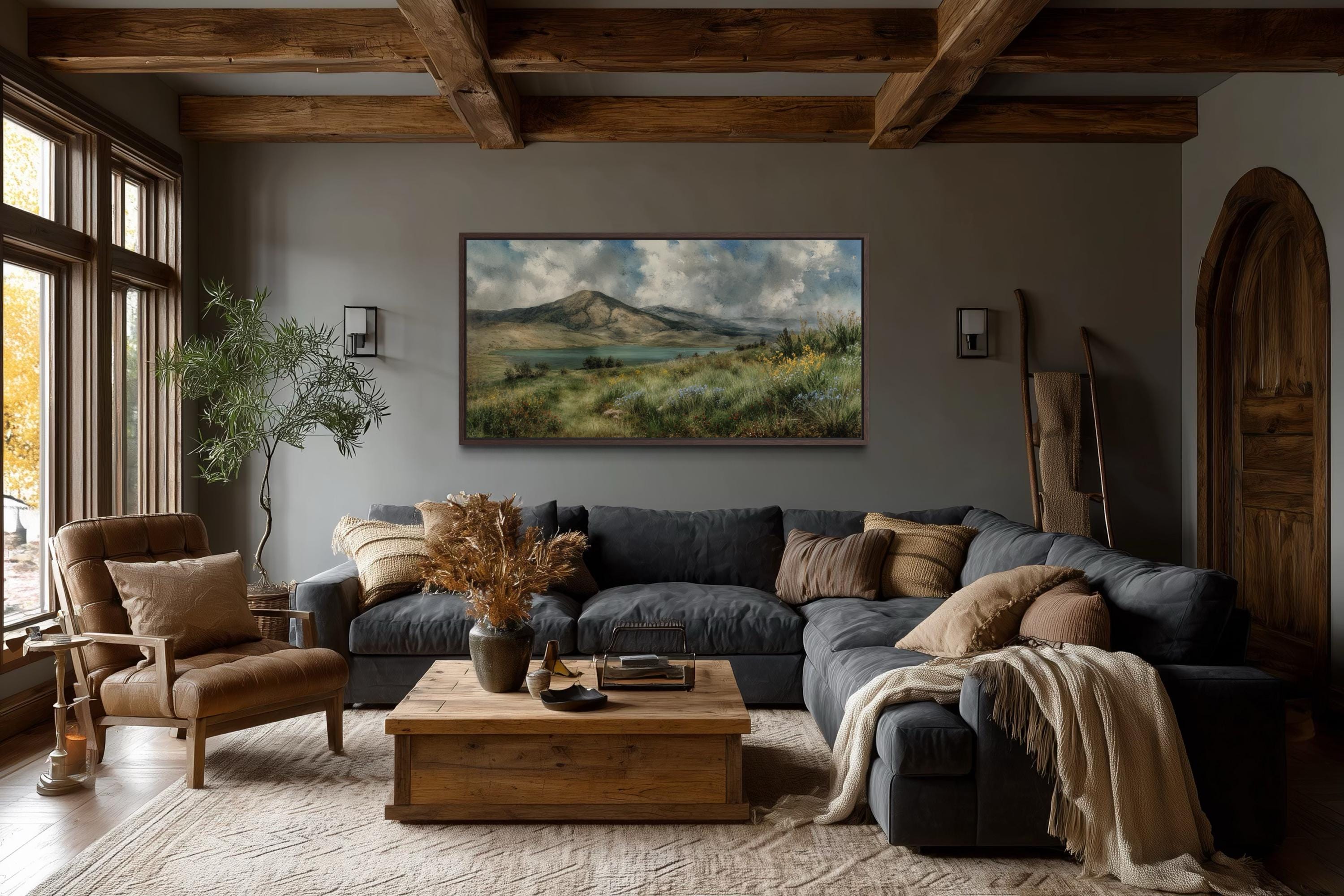 Vintage Mountain Lake Art - Rustic Cabin Wall Decor | Wildflower Meadow Canvas Print