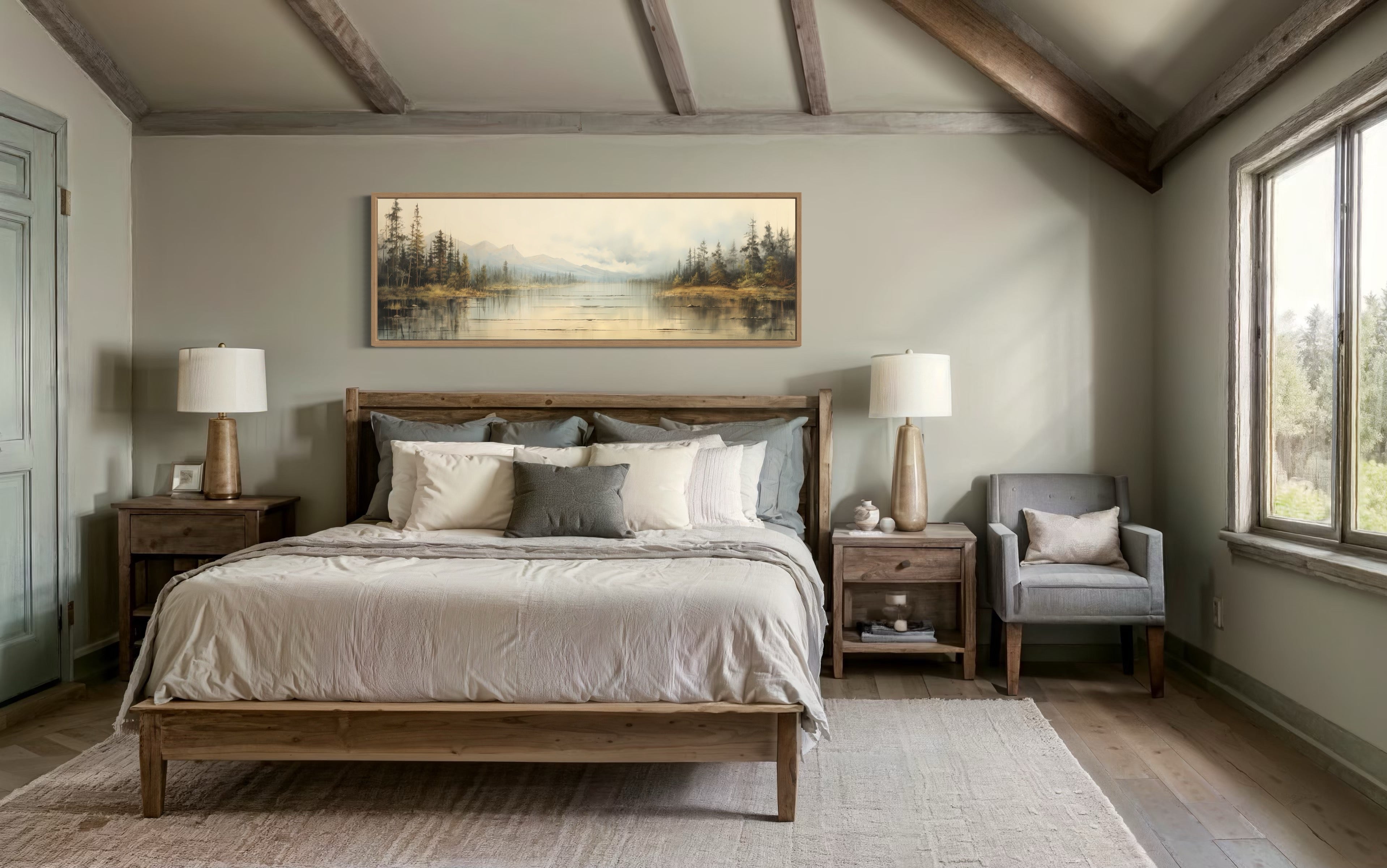 Vintage Neutral Lake Landscape Long Above Bed Horizontal Wall Art