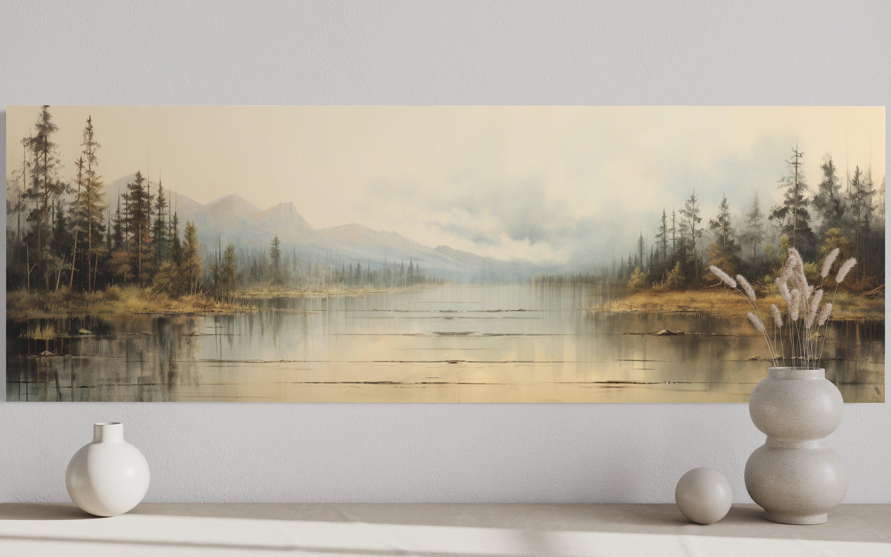 Vintage Neutral Lake Landscape Long Above Bed Horizontal Wall Art